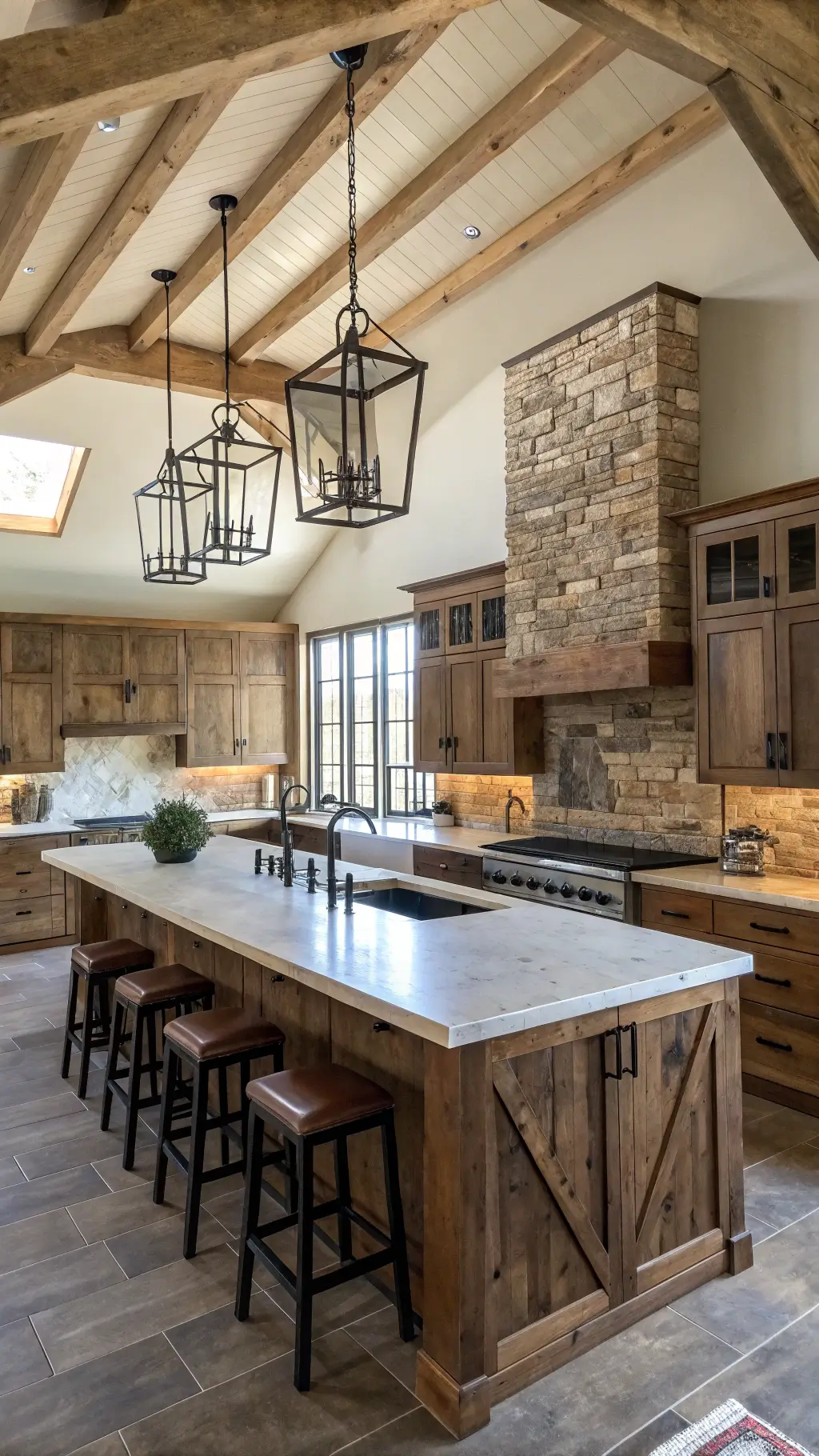 Rustic modern kitchen with distressed brown cabinets and live-edge wood island