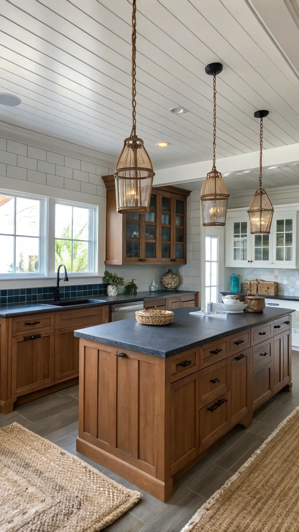 Coastal craftsman kitchen with medium brown cabinets and blue-gray soapstone countertops