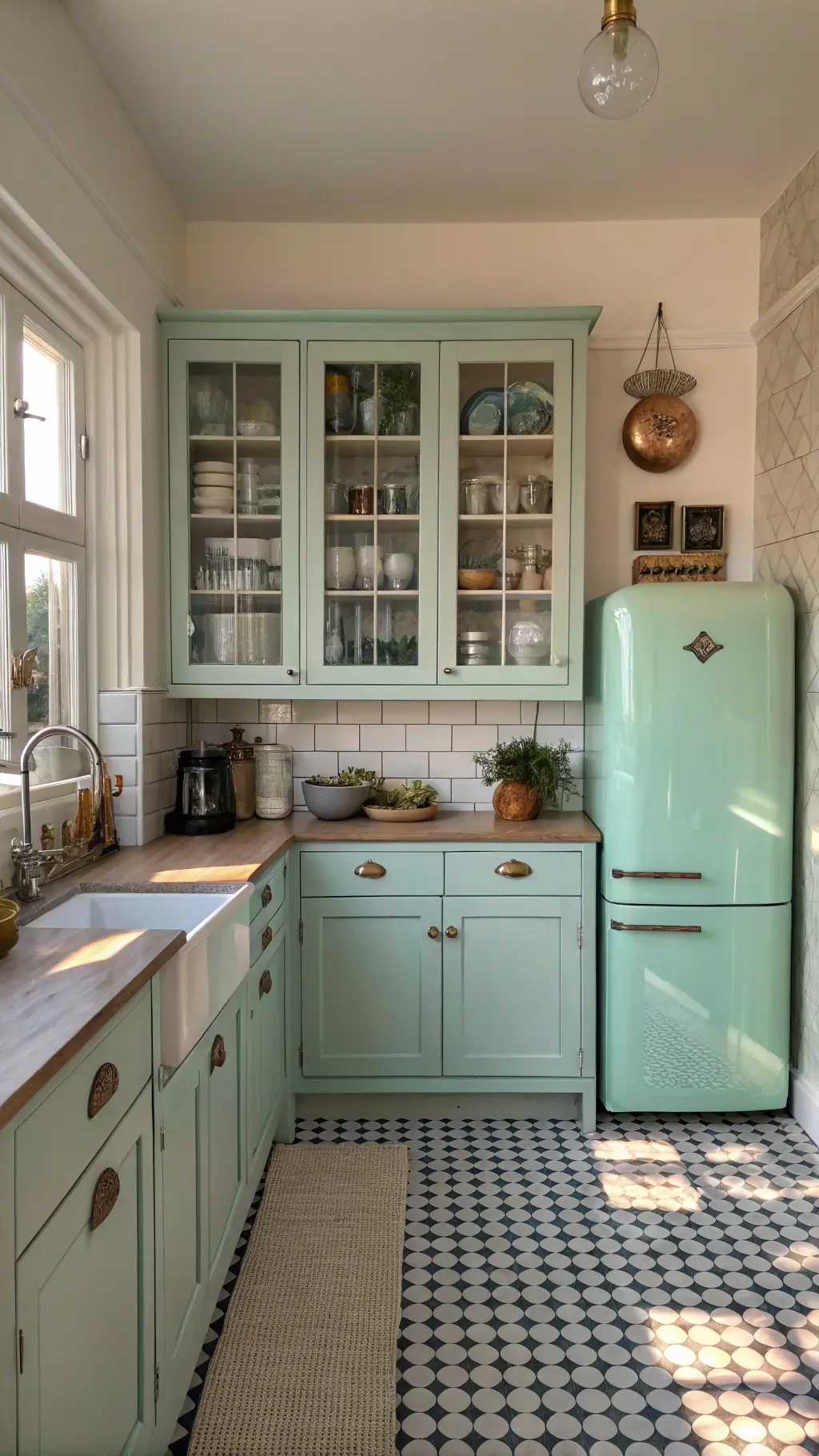 Teal kitchen cabinets with modern appliances