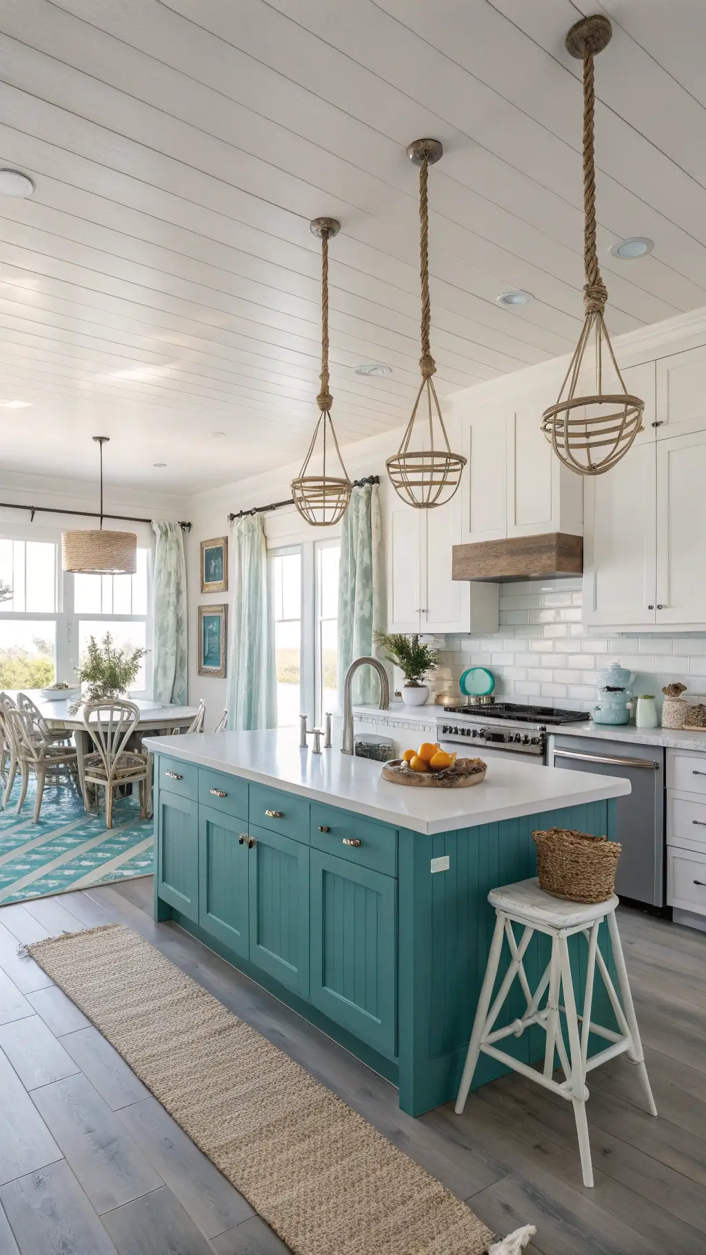 Coastal kitchen with teal cabinets, white walls, and natural wood accents