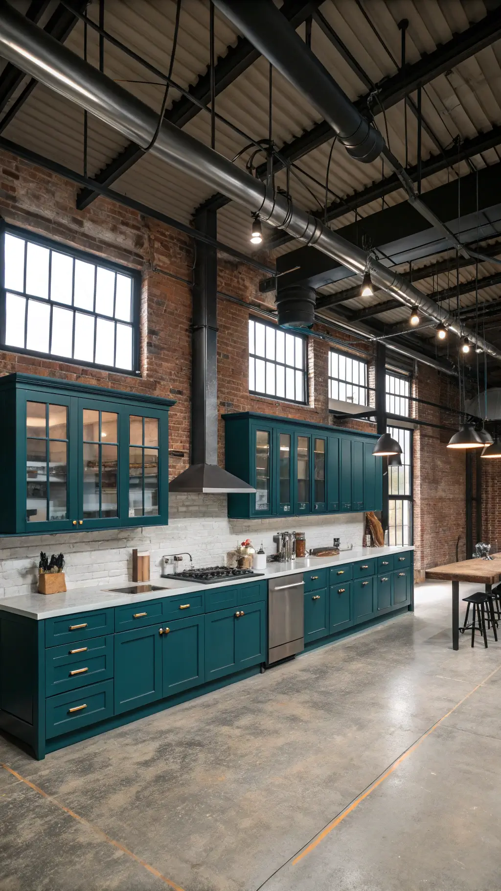 Kitchen with teal cabinets and brass hardware