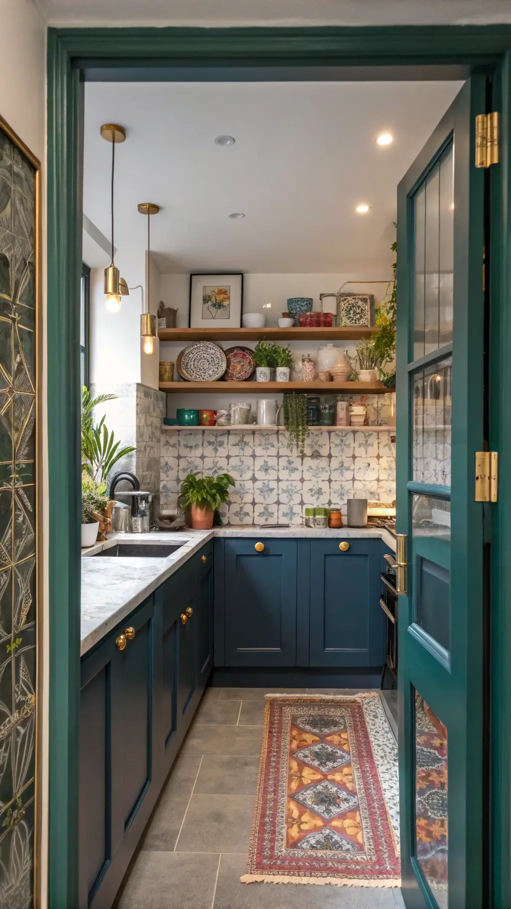 Kitchen with floor-to-ceiling teal cabinets