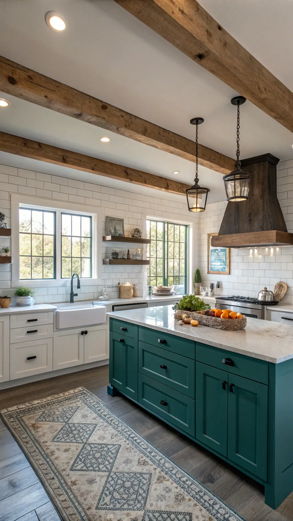 Retro kitchen with teal cabinets and colorful accents