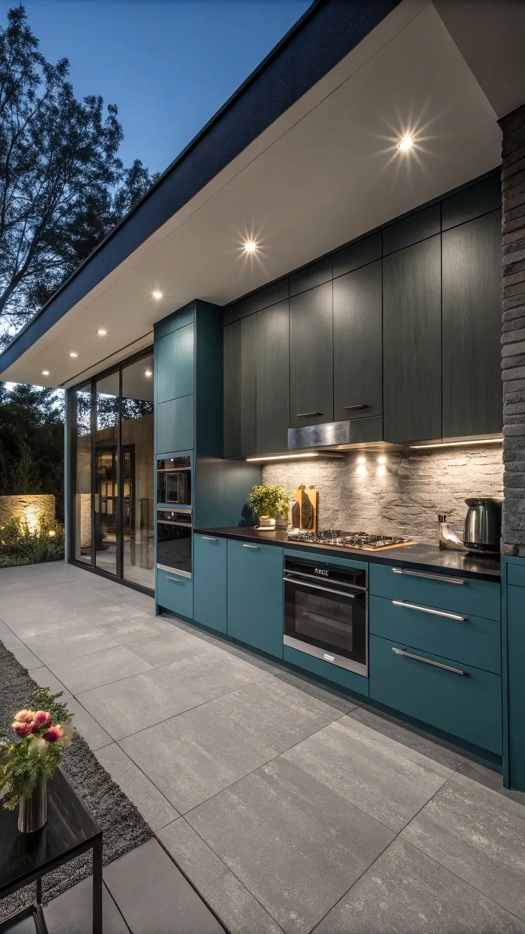 Close-up of teal kitchen cabinets with brass handles