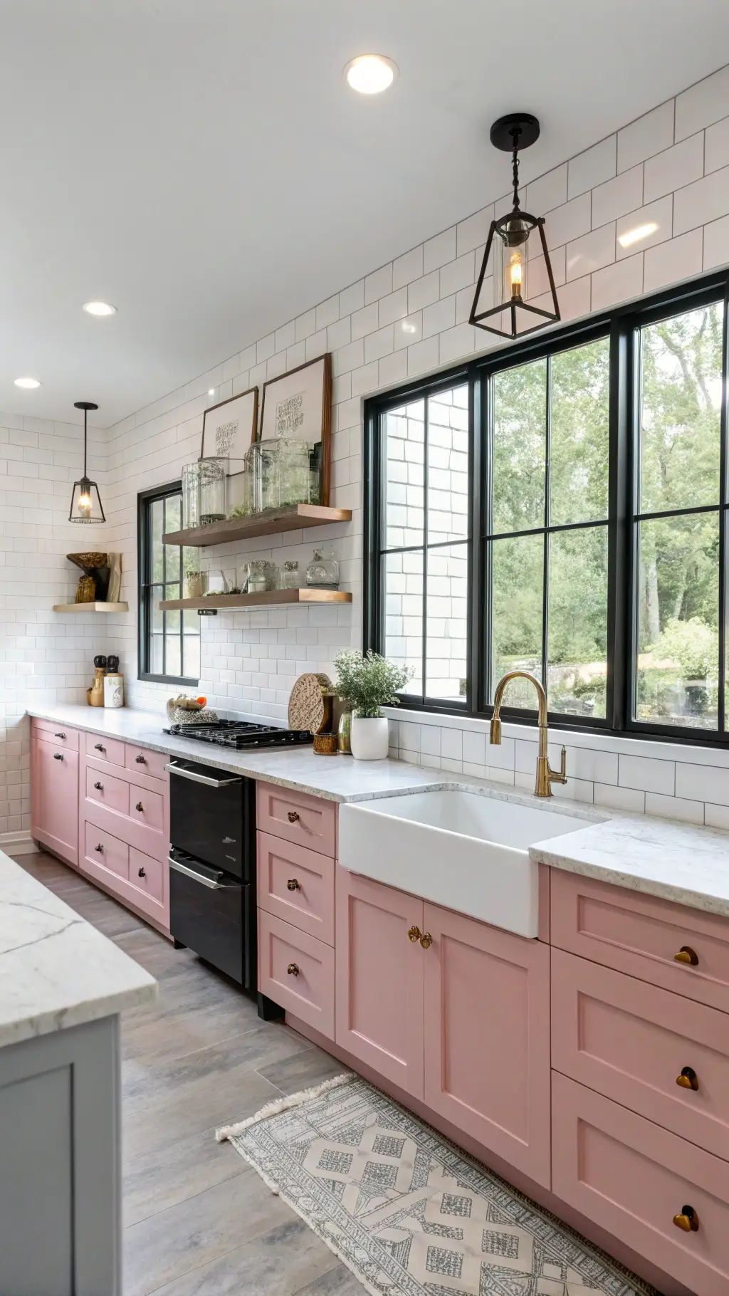 Contemporary Kitchen with Pink Cabinets Bright kitchen with calamine pink lower cabinets and white upper cabinets