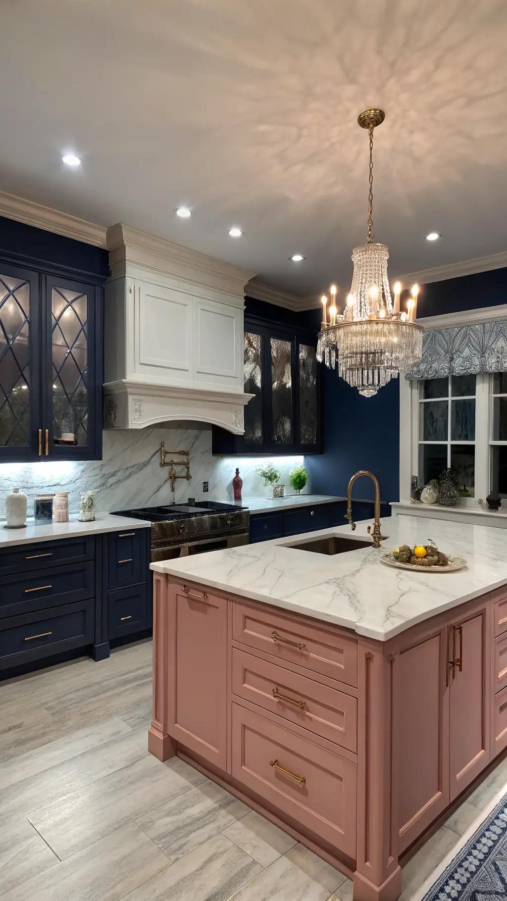 Dramatic Pink and Navy Kitchen Dramatic kitchen with dusty rose and deep navy accents