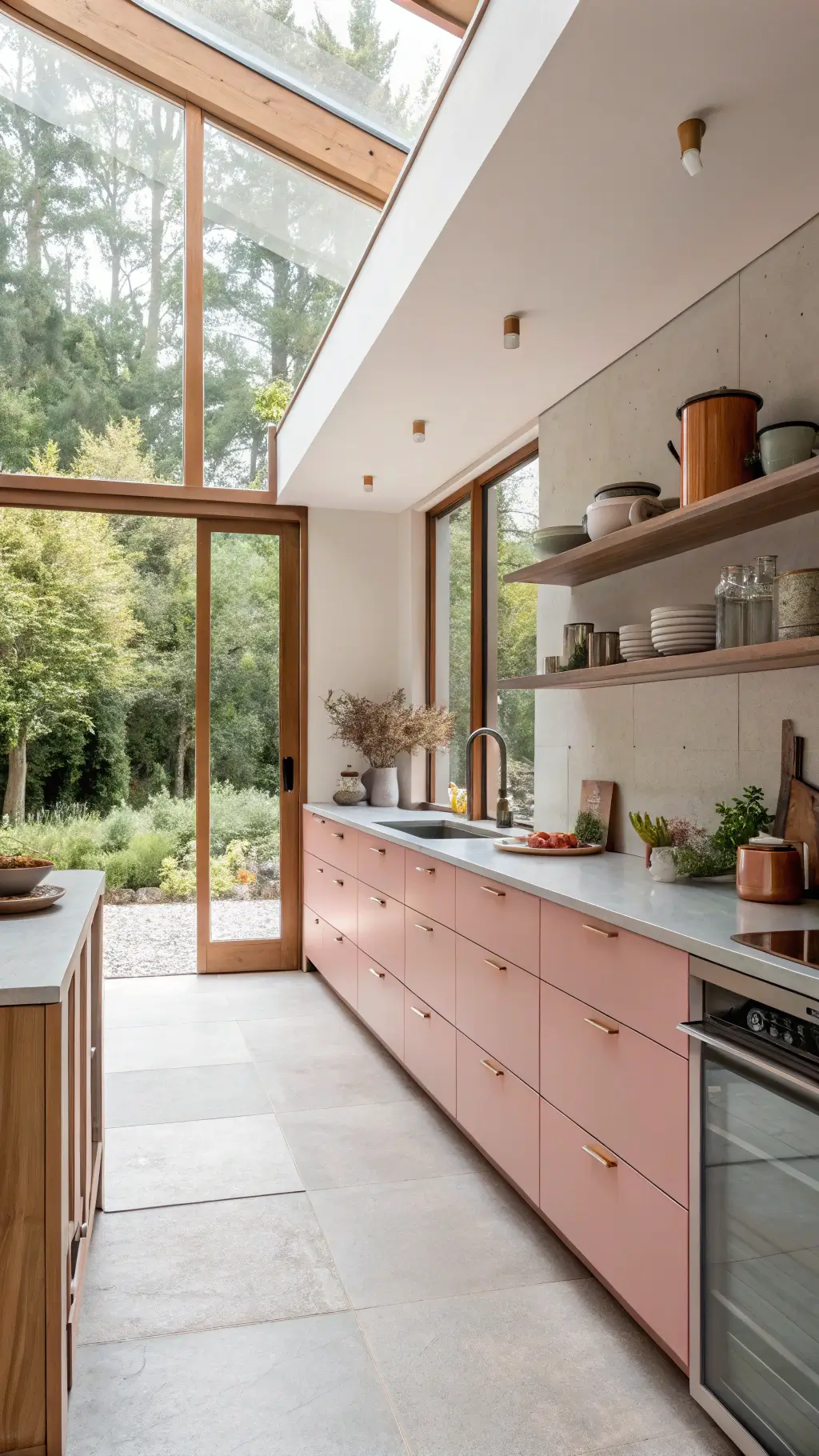 Airy Kitchen Featuring Pink Cabinets Airy kitchen with Bella Pink cabinets and walnut accents