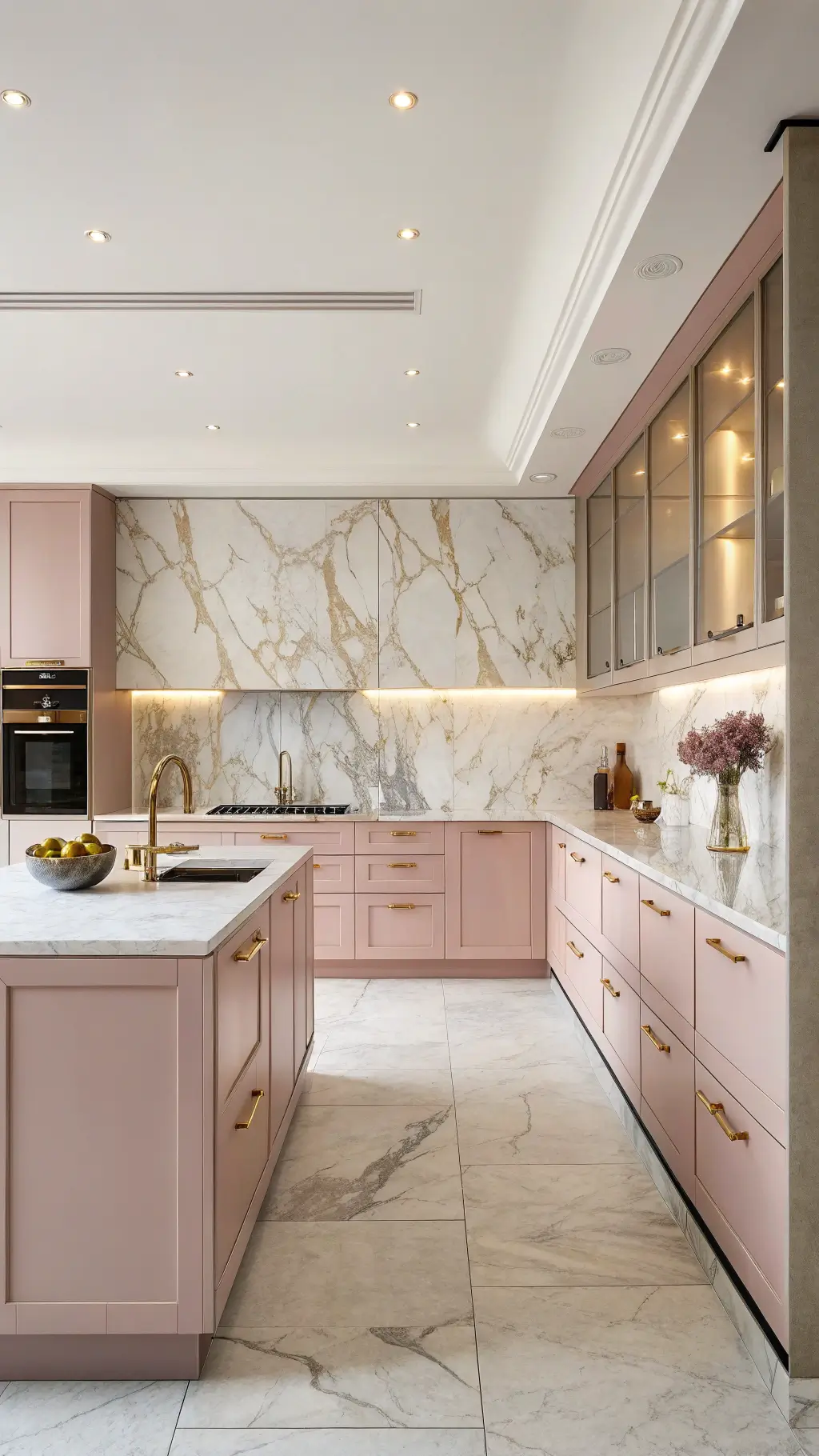 Elegant Pink Kitchen Cabinets Elegant kitchen with Setting Plaster pink cabinets and marble backsplash