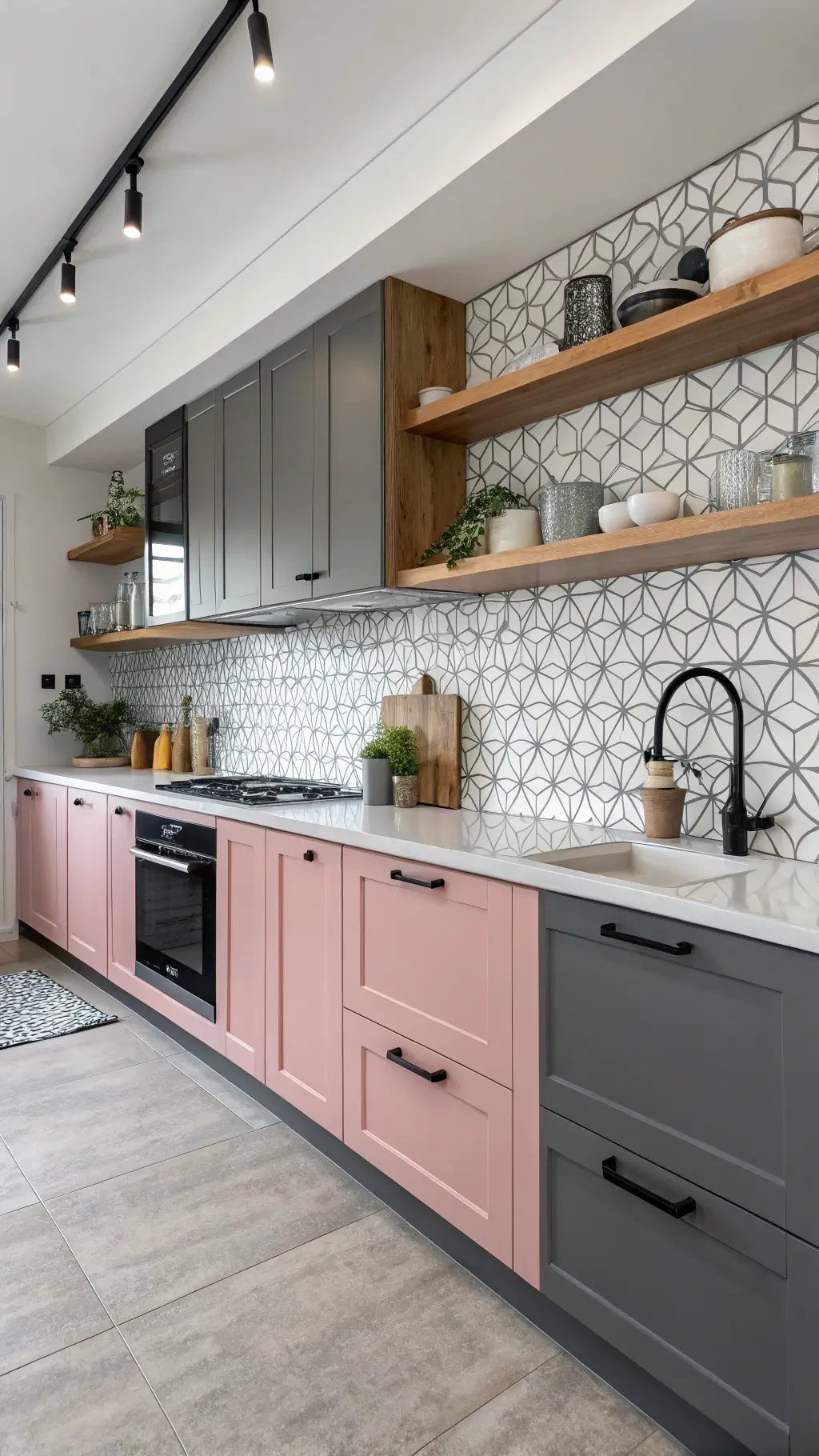 Modern Kitchen with Pink Cabinets Modern kitchen with pale pink upper cabinets and charcoal lower cabinets