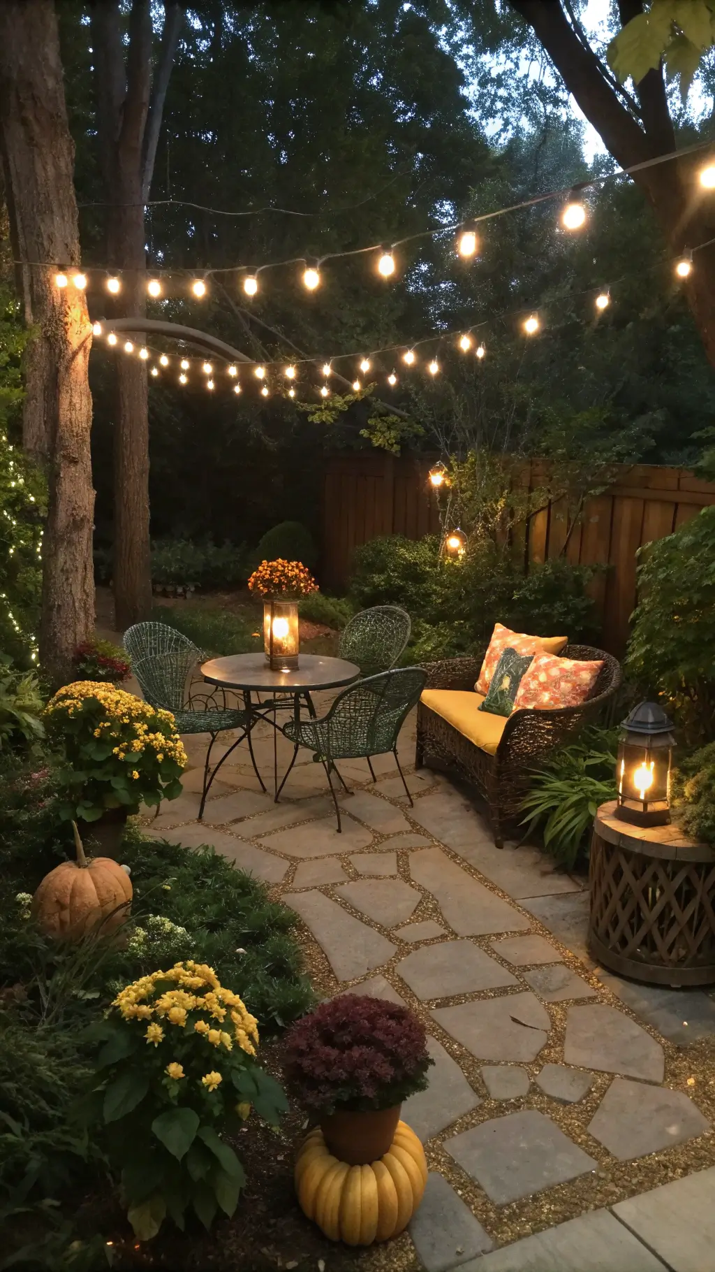 Cozy courtyard garden at dusk illuminated by warm café lights, featuring a vintage bistro set with green cushions and yellow pillows, surrounded by ornamental plants and pumpkins