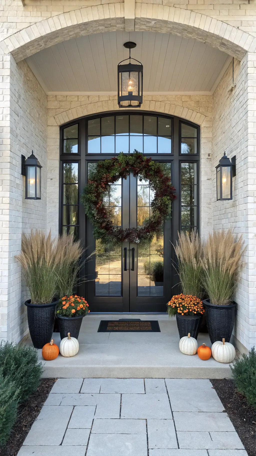 Modern farmhouse entryway featuring a black steel and glass door, matte planters with greenery, an oversized metal hoop wreath with olive branches and mini pumpkins, and geometric outdoor sconces lighting a white brick facade