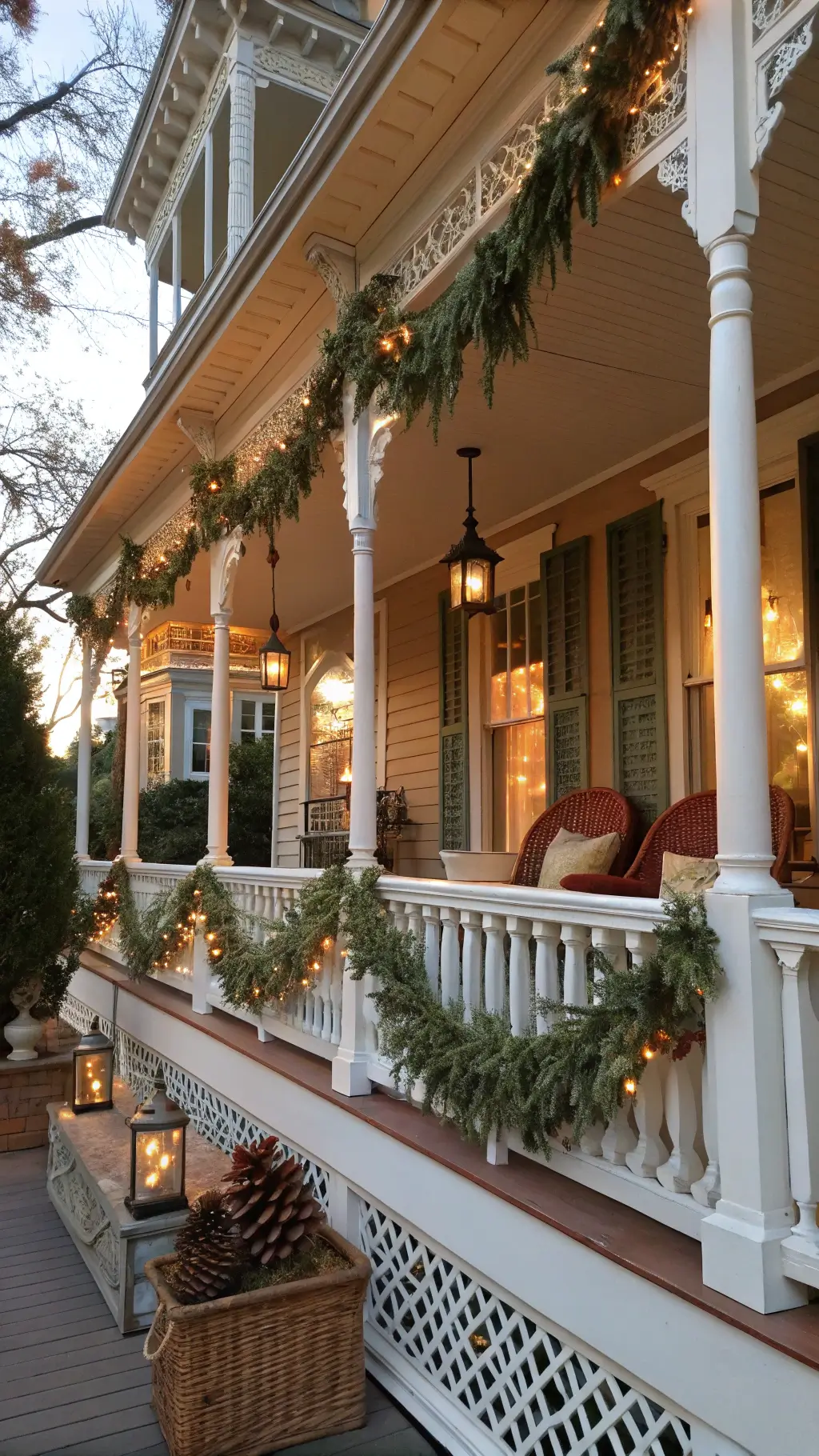 Victorian porch with ornate white railings, decorated with garlands, antique brass lanterns, wicker chairs with rust cushions, under a warm afternoon sky