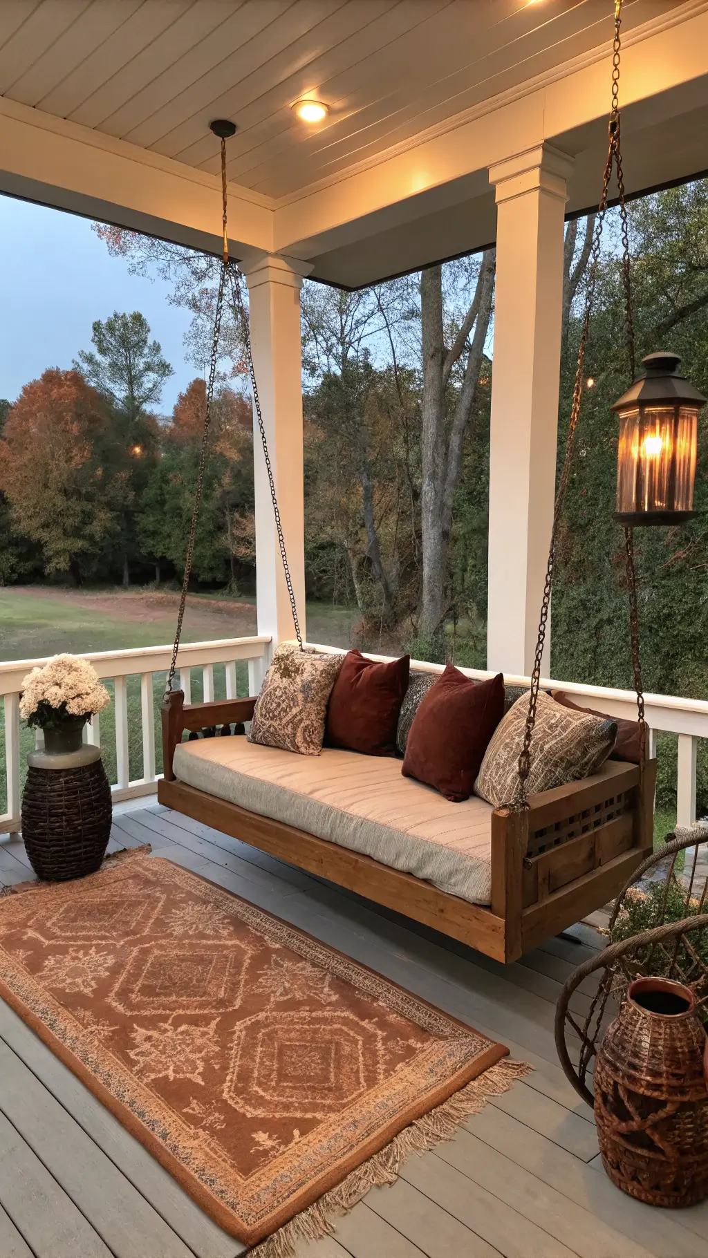 Covered back porch at twilight with a hanging daybed, weather-resistant velvet pillows, chunky caramel throws, vintage-style outdoor rug, glowing orb lights in copper baskets, and dried hydrangea and oak branch arrangements
