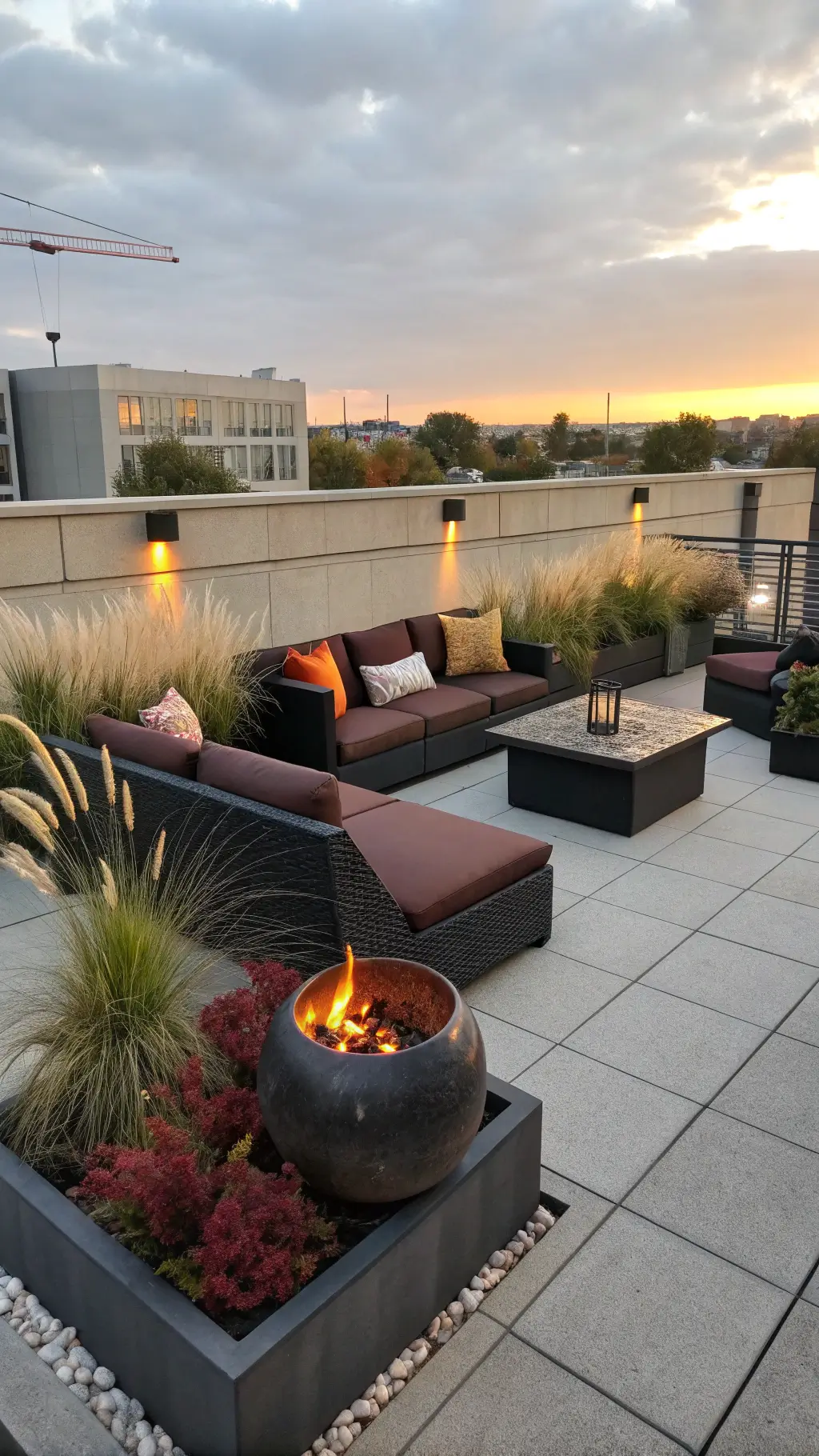 Aerial view of a modern rooftop terrace with modular seating, large planters filled with ornamental plants, a sleek steel fire bowl, and integrated LED lighting casting a warm glow at sunset