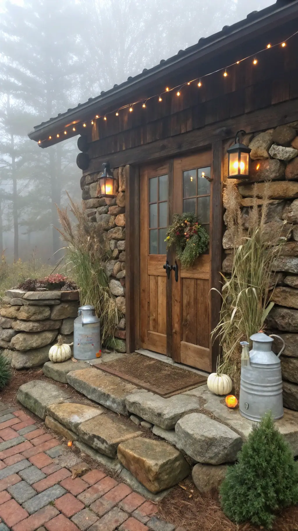 Rustic cabin entrance featuring a reclaimed wood door illuminated by copper lights, flanked by stone walls, vintage milk cans filled with corn stalks and eucalyptus, and antique brick steps adorned with pumpkins and pinecones in soft morning light