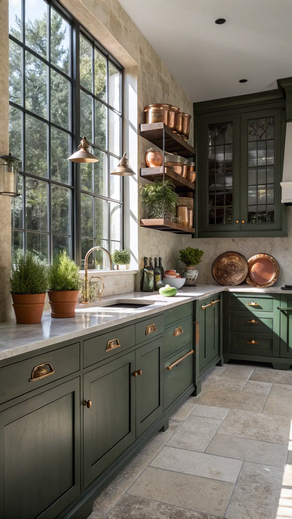 Sophisticated kitchen with dark green cabinets, antiqued bronze fixtures, limestone surfaces, and handmade tile backsplash illuminated by natural light