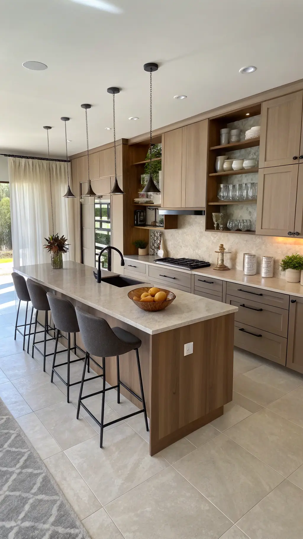 Contemporary kitchen featuring warm taupe cabinets, walnut floating island, quartzite countertops, and matte black fixtures bathed in morning light