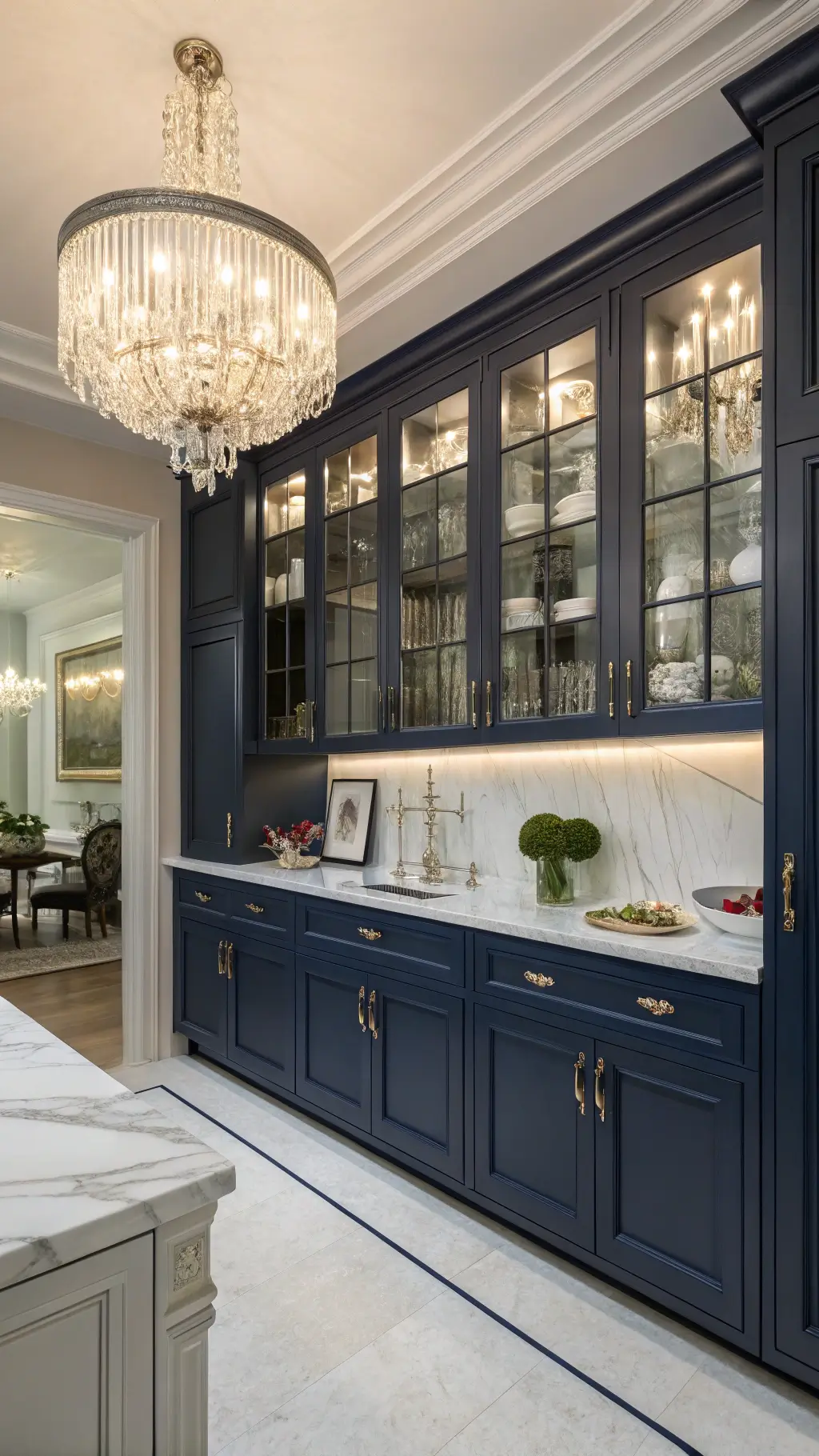 Elegant navy blue kitchen with glass-front upper cabinets, Carrara marble backsplash, polished nickel chandelier, and white orchid accents
