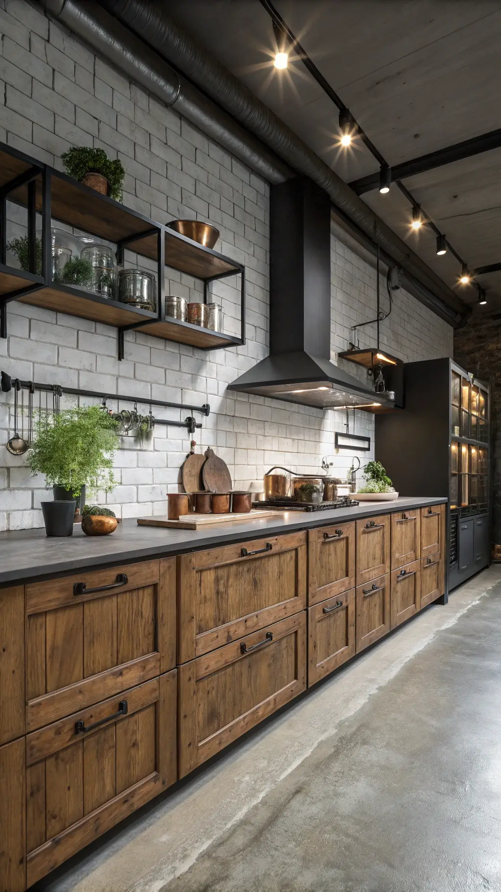 Industrial-chic kitchen with stained wood cabinets, blackened steel, concrete countertops, brick backsplash, vintage copper pots, and fresh greenery