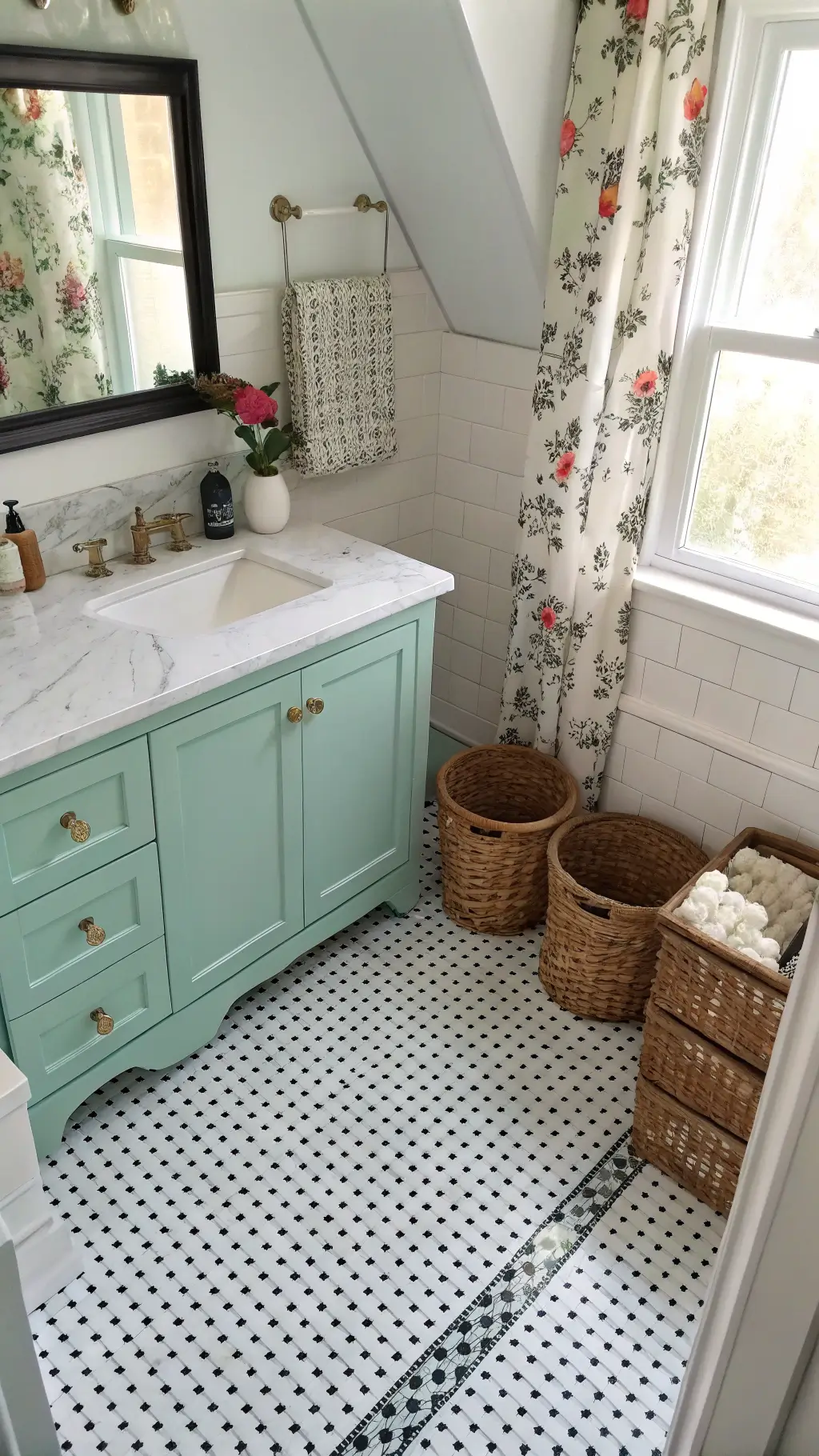 Granny Chic Bathrooms: Vintage Charm Meets Modern Design Bathroom with black and white penny tile floor and floral curtains