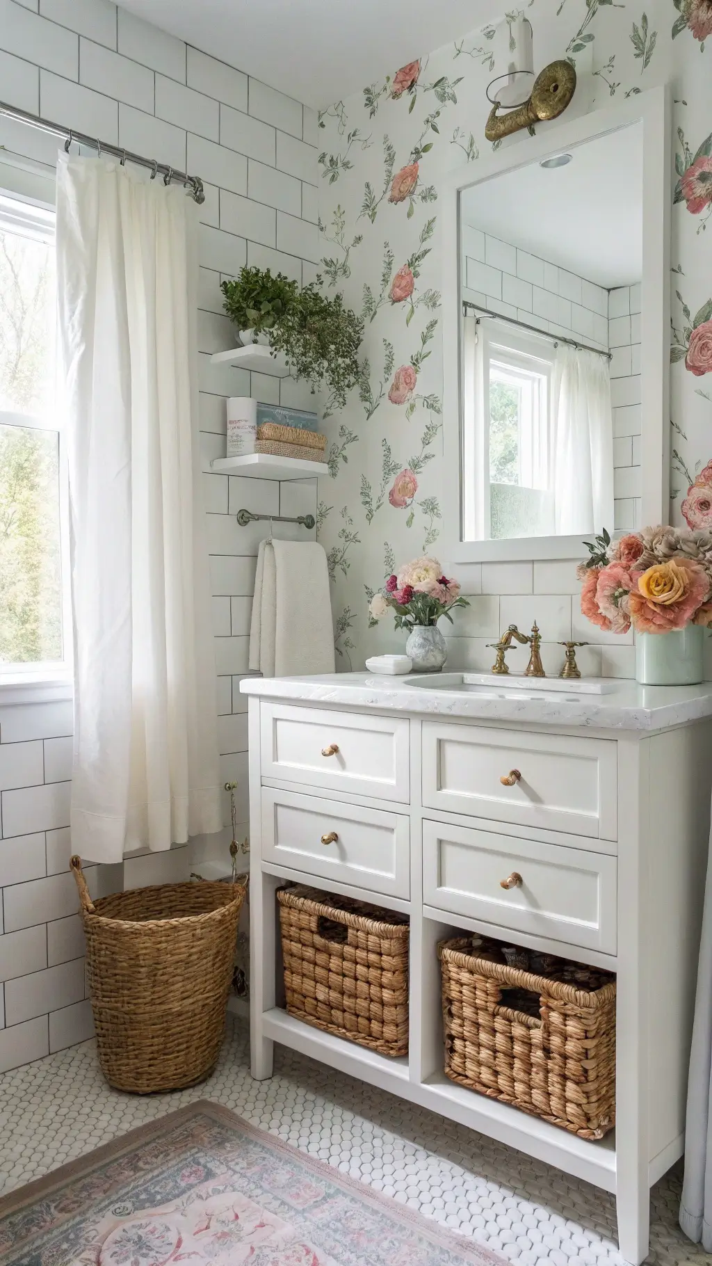 Granny Chic Bathrooms: Vintage Charm Meets Modern Design Bright bathroom with vintage dresser vanity and floral accents