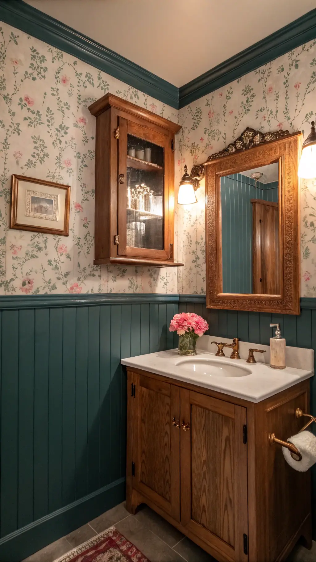 Granny Chic Bathrooms: Vintage Charm Meets Modern Design Bathroom with deep teal walls and antique fixtures