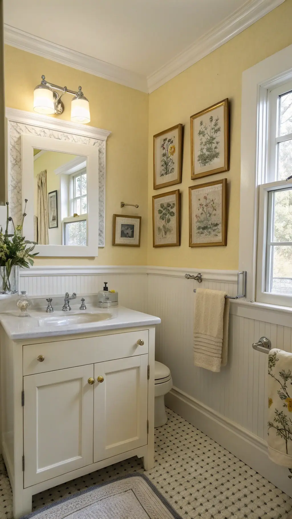 Granny Chic Bathrooms: Vintage Charm Meets Modern Design Traditional bathroom with pale yellow walls and vintage botanical prints