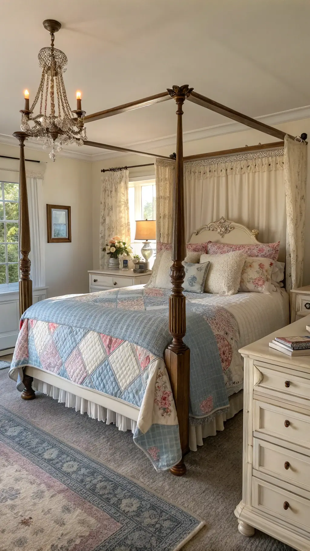 Master bedroom with antique dresser and Belgian linen drapes