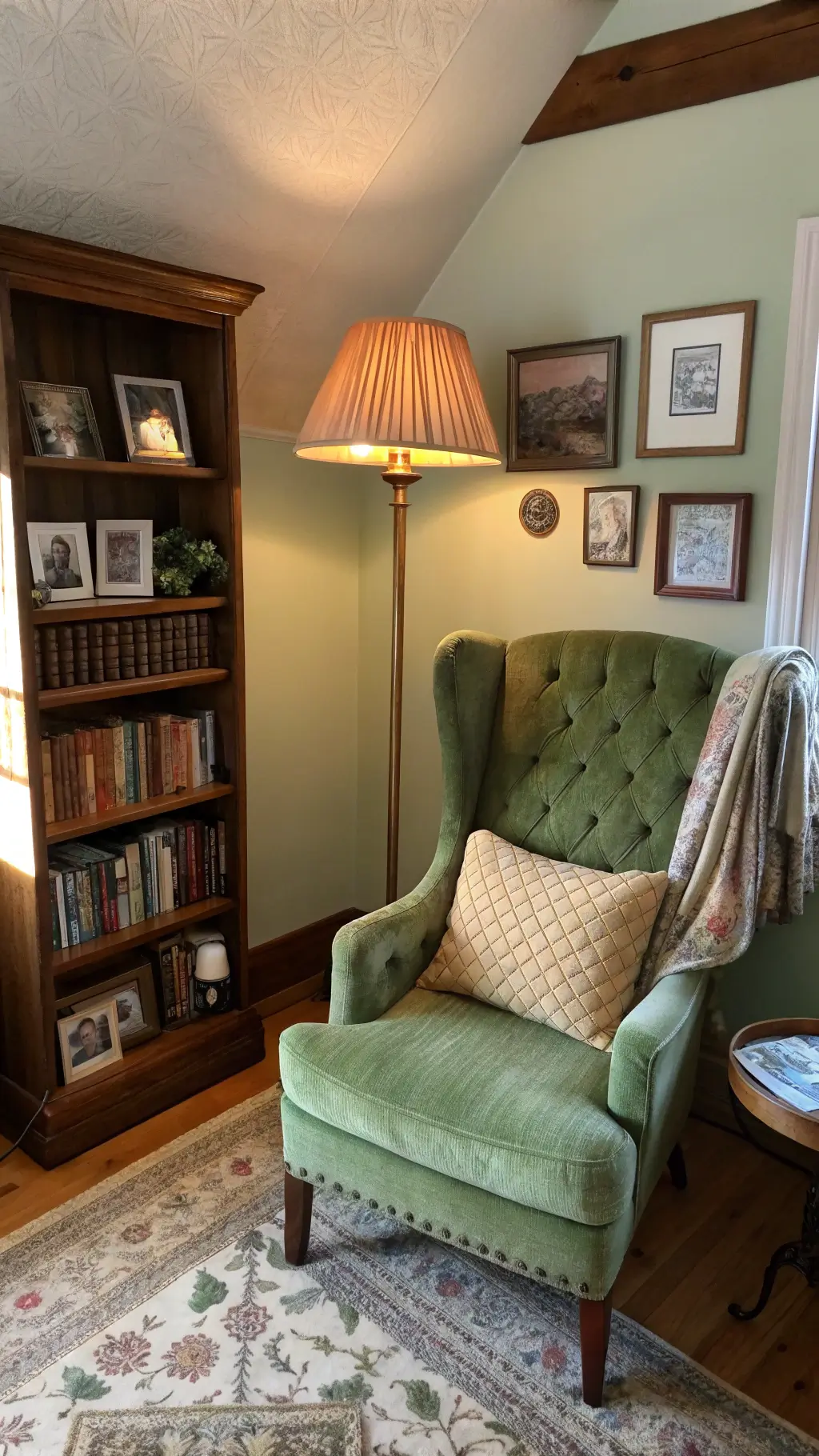 Cozy reading corner with vintage wingback chair and weathered pine bookshelf
