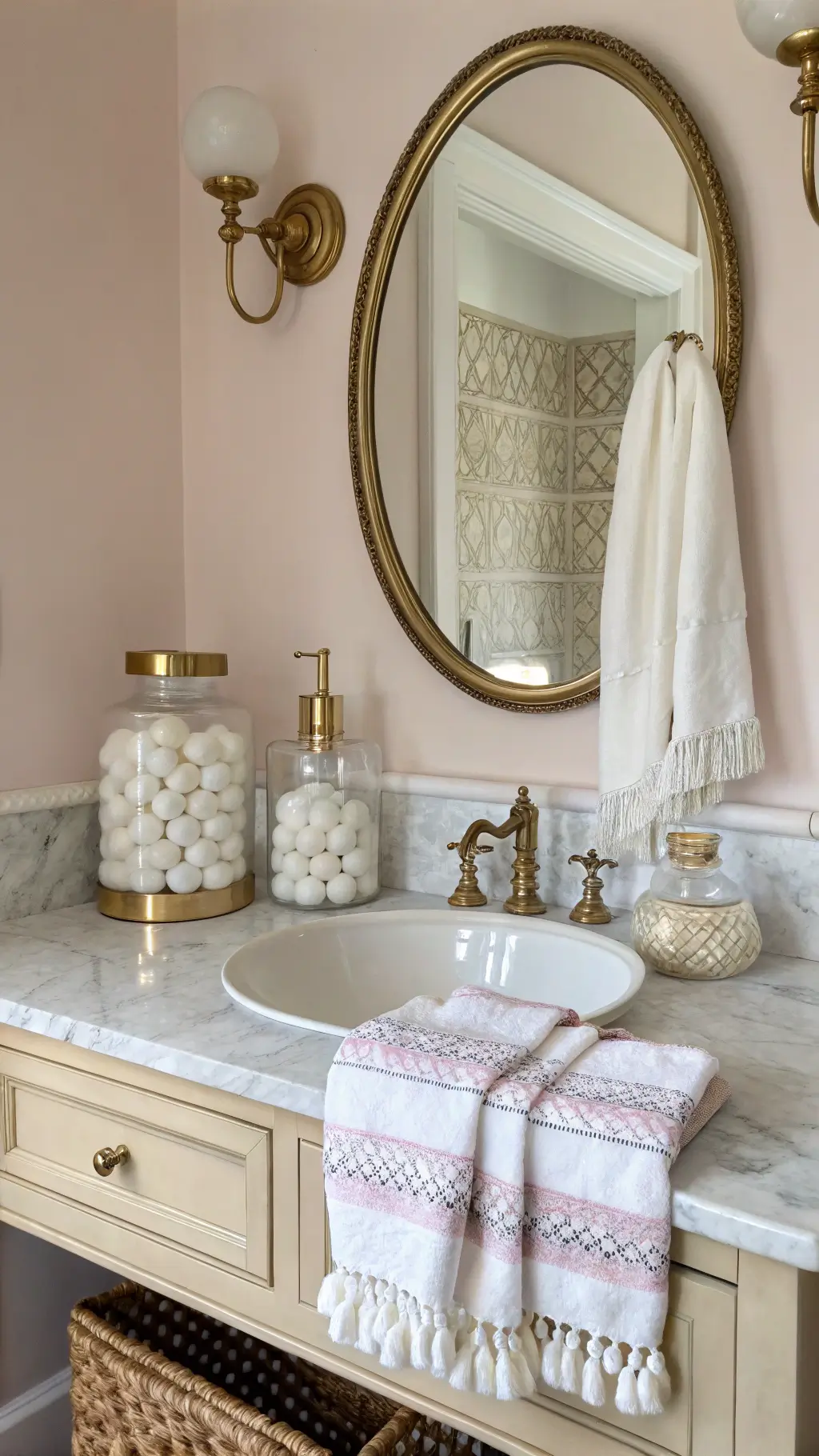 Vintage marble-topped bathroom vanity with brass framed mirror