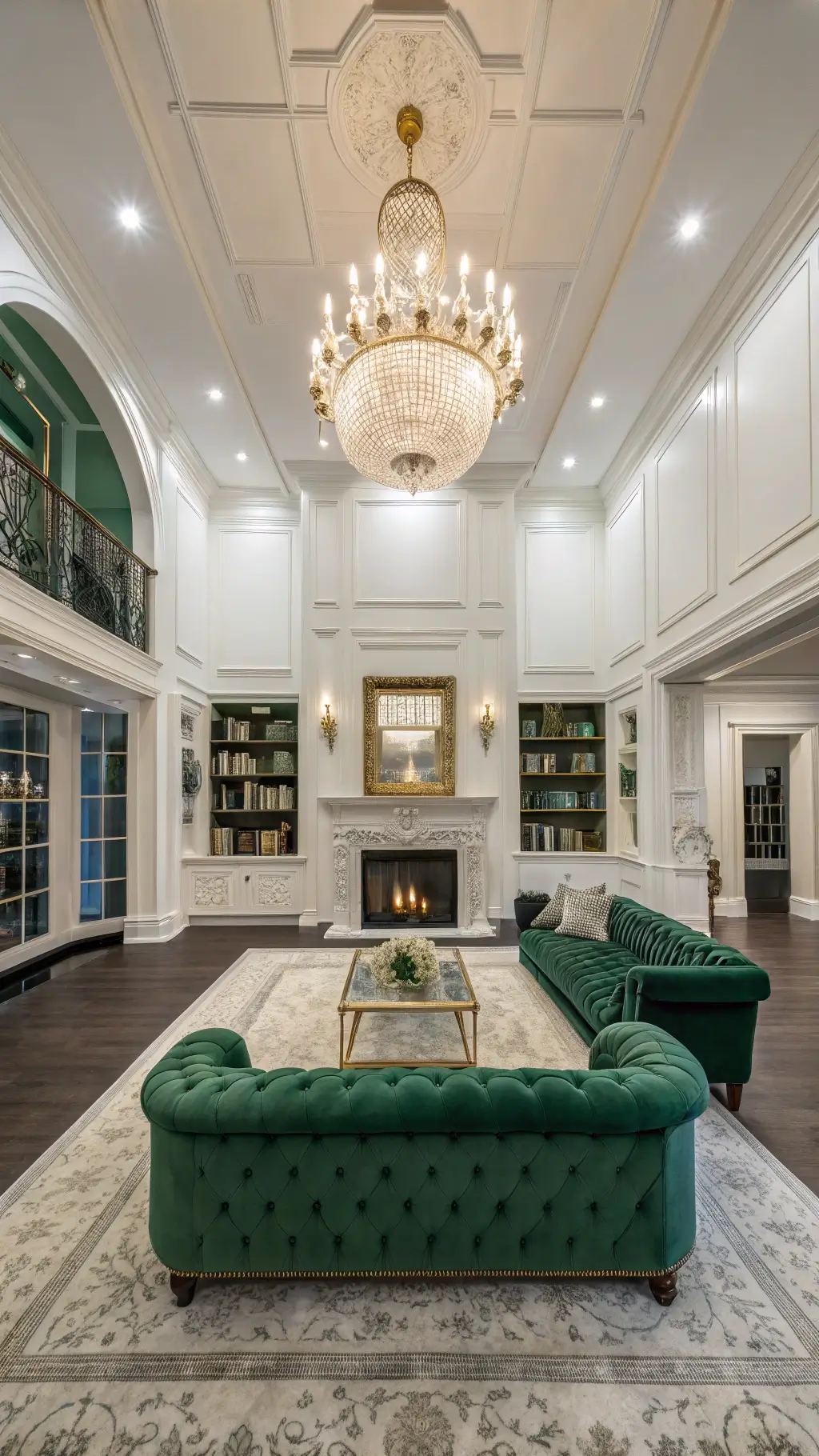 Green living room with modern decor and natural light