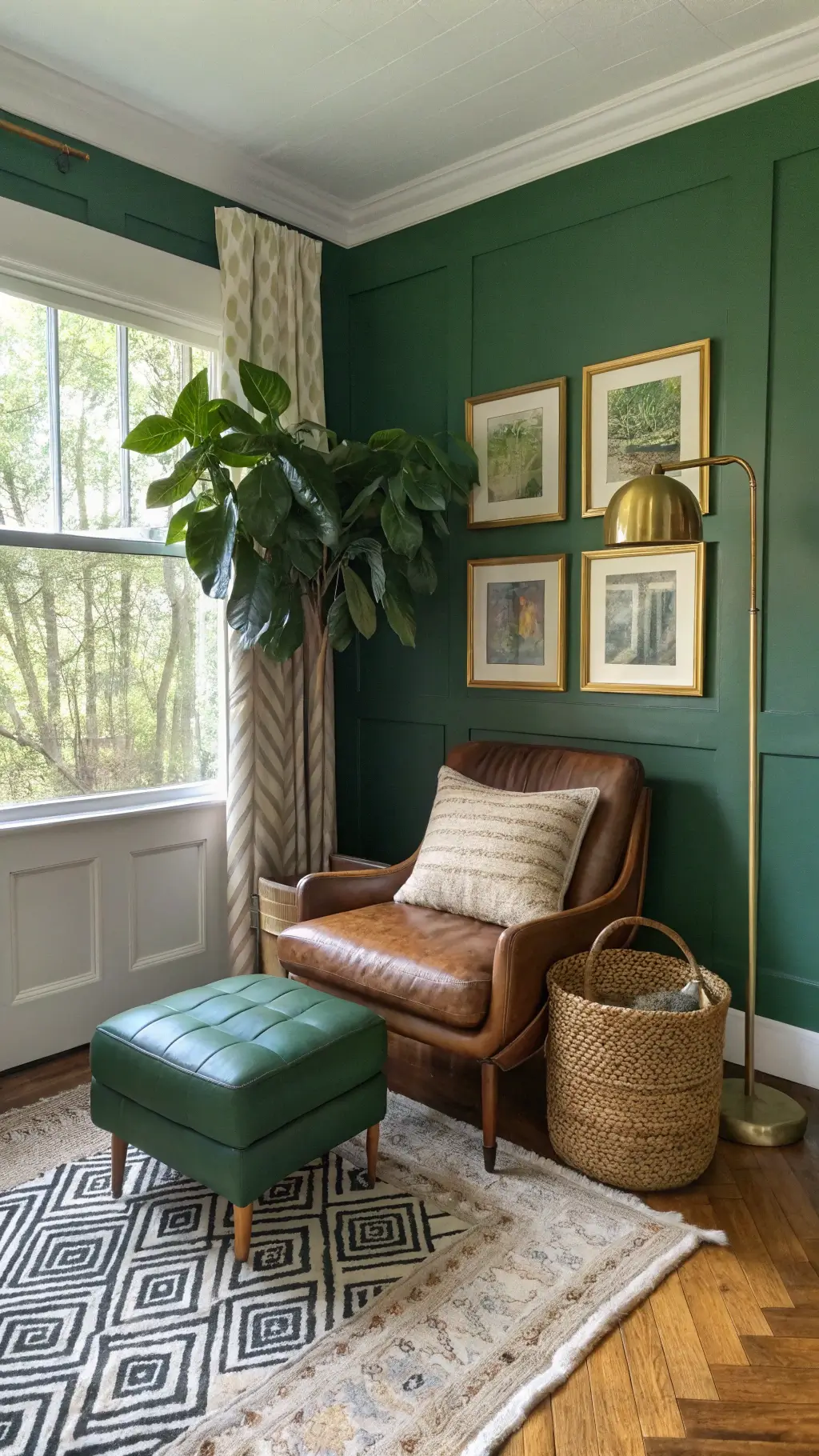 Living room featuring various green tones in furniture and decor