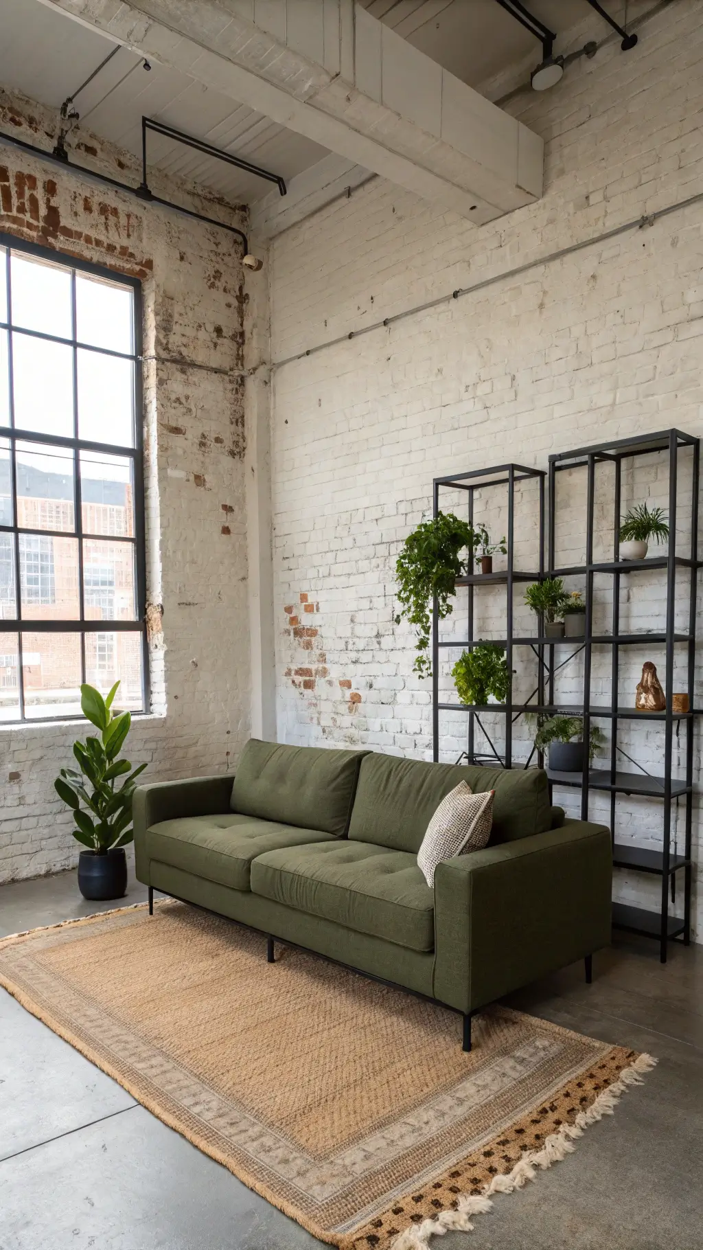Contemporary living room with olive green sofa, natural textures, and metal accents