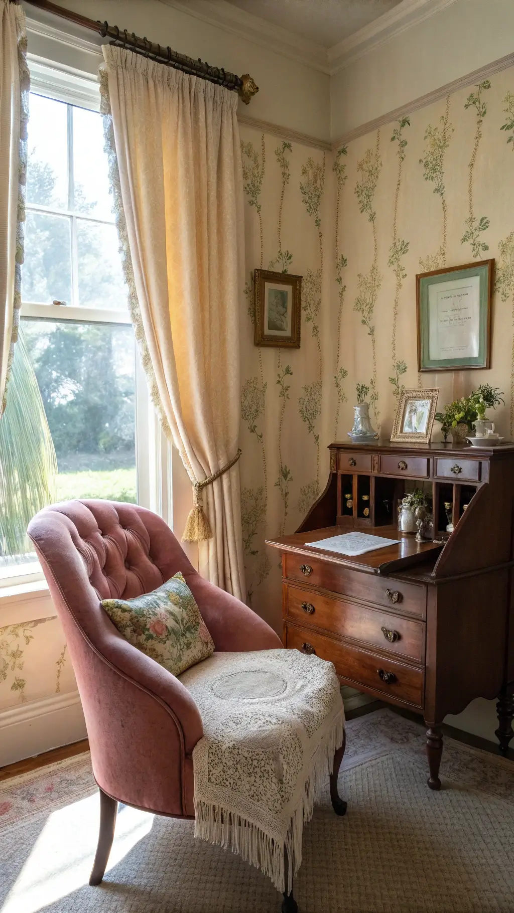 Victorian-Style Bedroom Corner with Rose Velvet and Mahogany Furniture