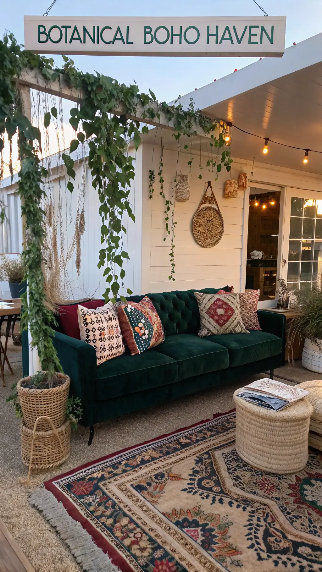 Bright living room with green accents photographed in natural light
