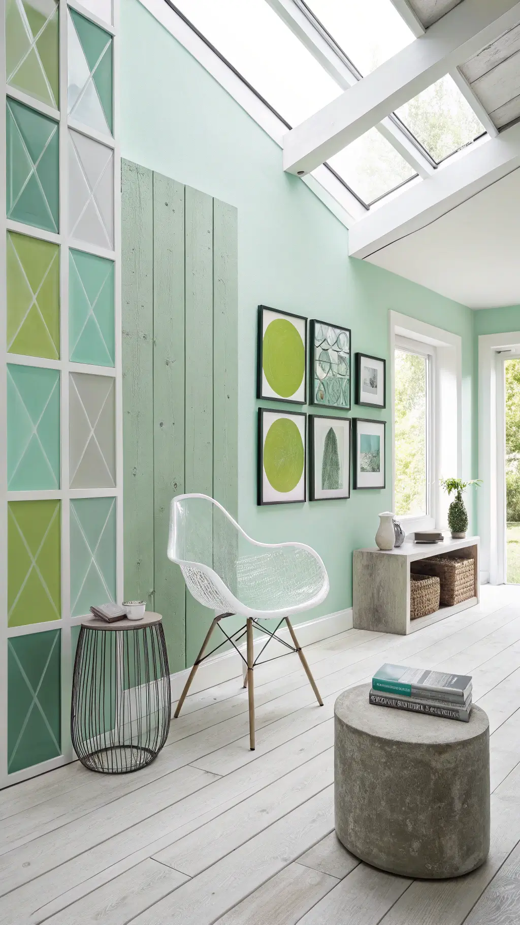 Spacious modern living room with mint green accent wall and Scandinavian furniture