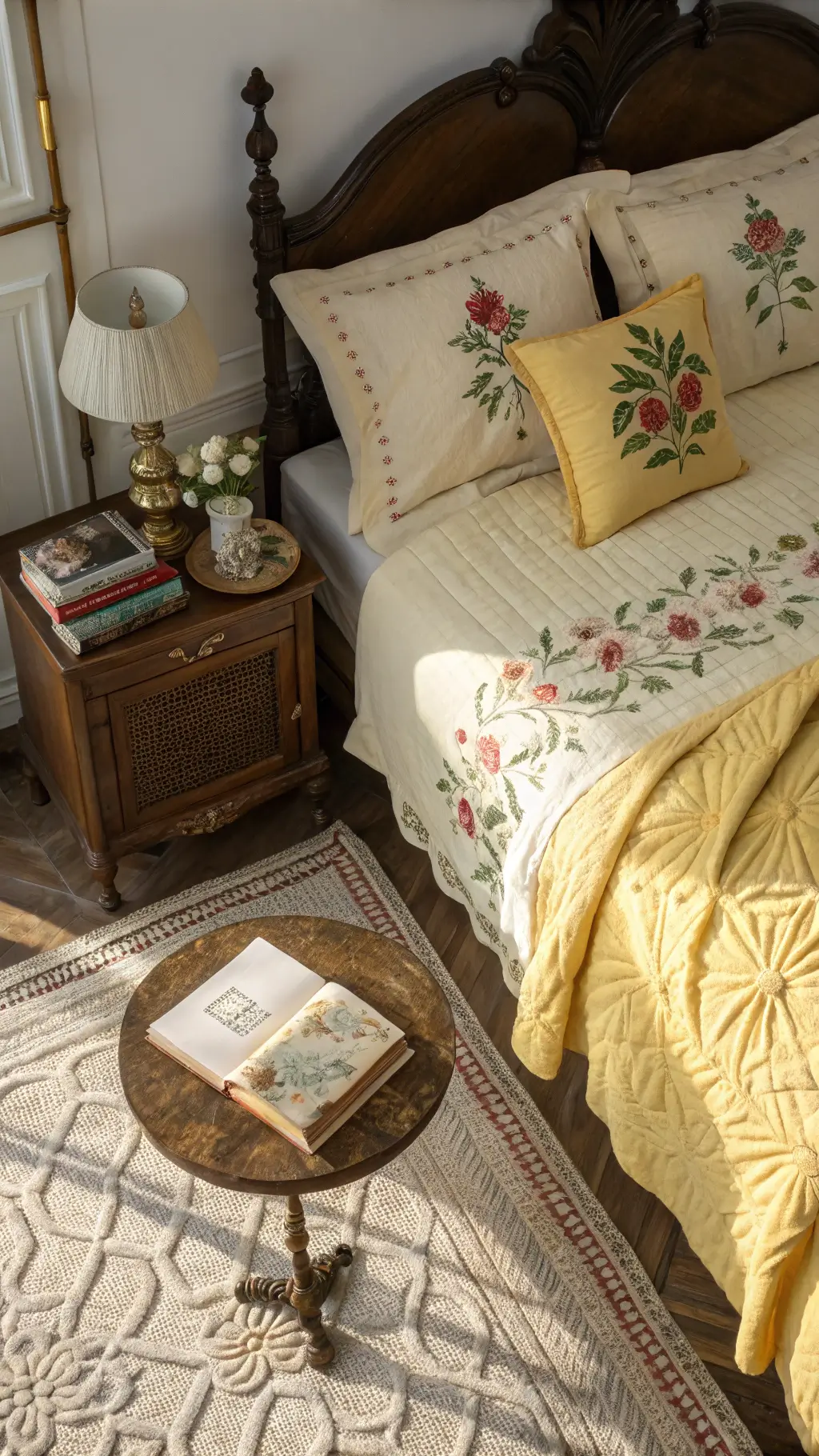 Overhead View of Cozy Bedroom with Yellow Cotton Duvet and Vintage Chenille