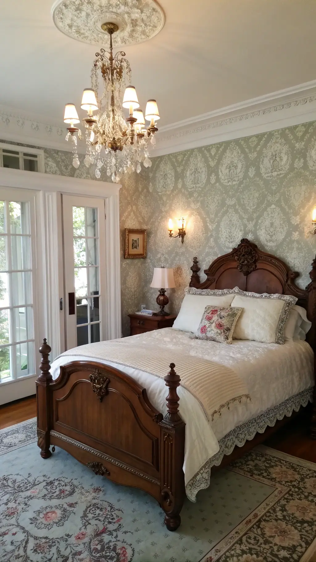 Master Bedroom with Carved Mahogany Bed and Vintage Milk Glass Lamps