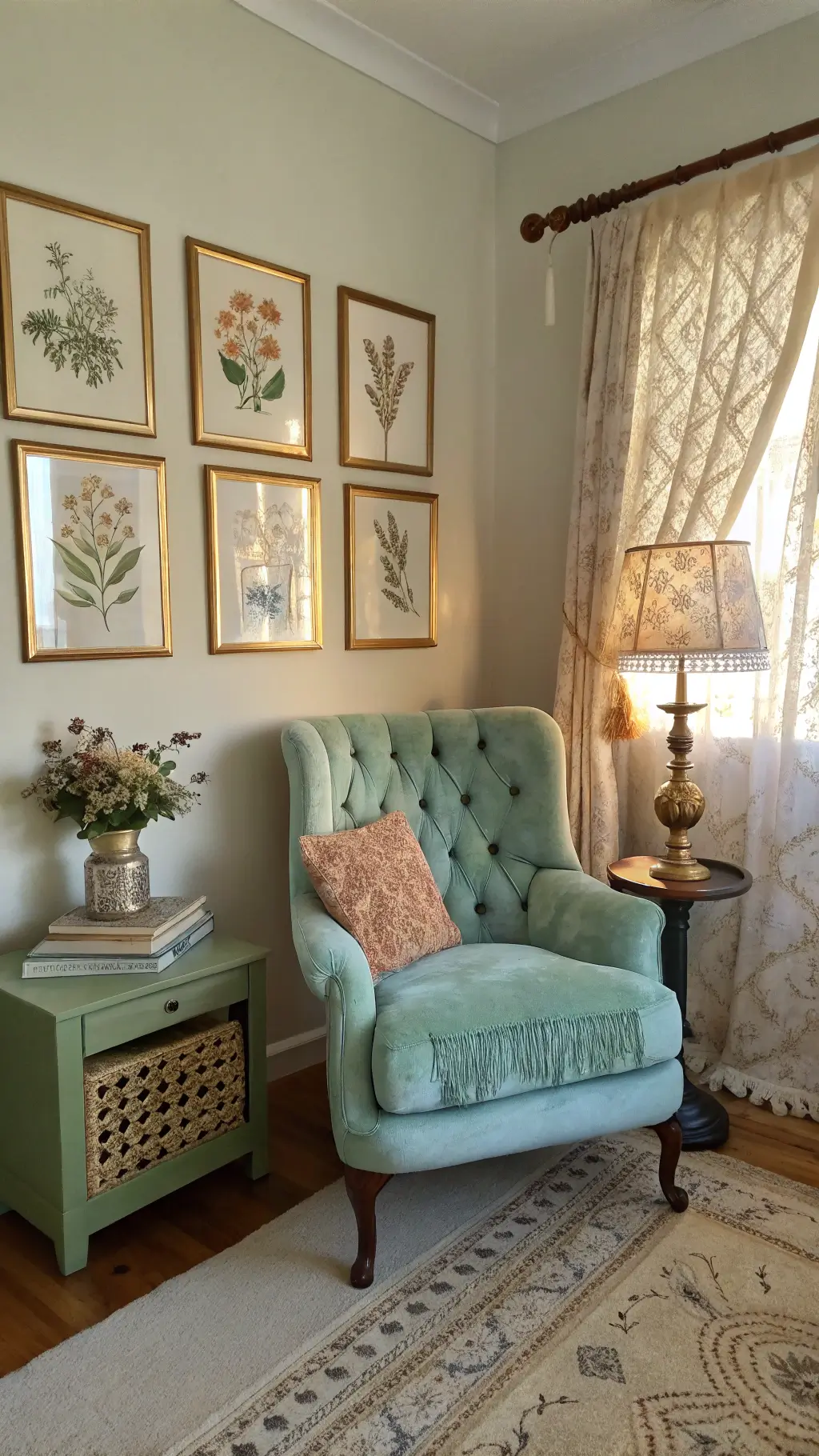 Cozy Reading Corner with Mint Velvet Wingback Chair and Vintage Books