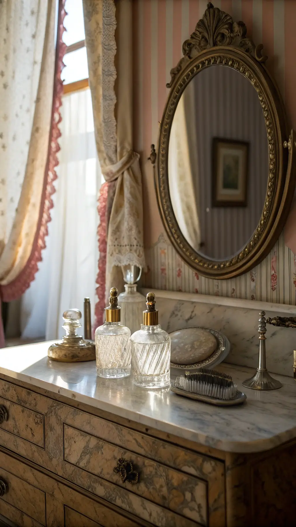 Vintage Bedroom Vanity with Ornate Gilt Frame and Marble Top