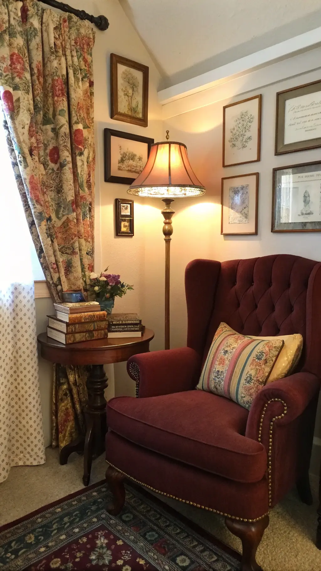 Victorian Reading Nook with Burgundy Wingback Chair and Botanical Prints