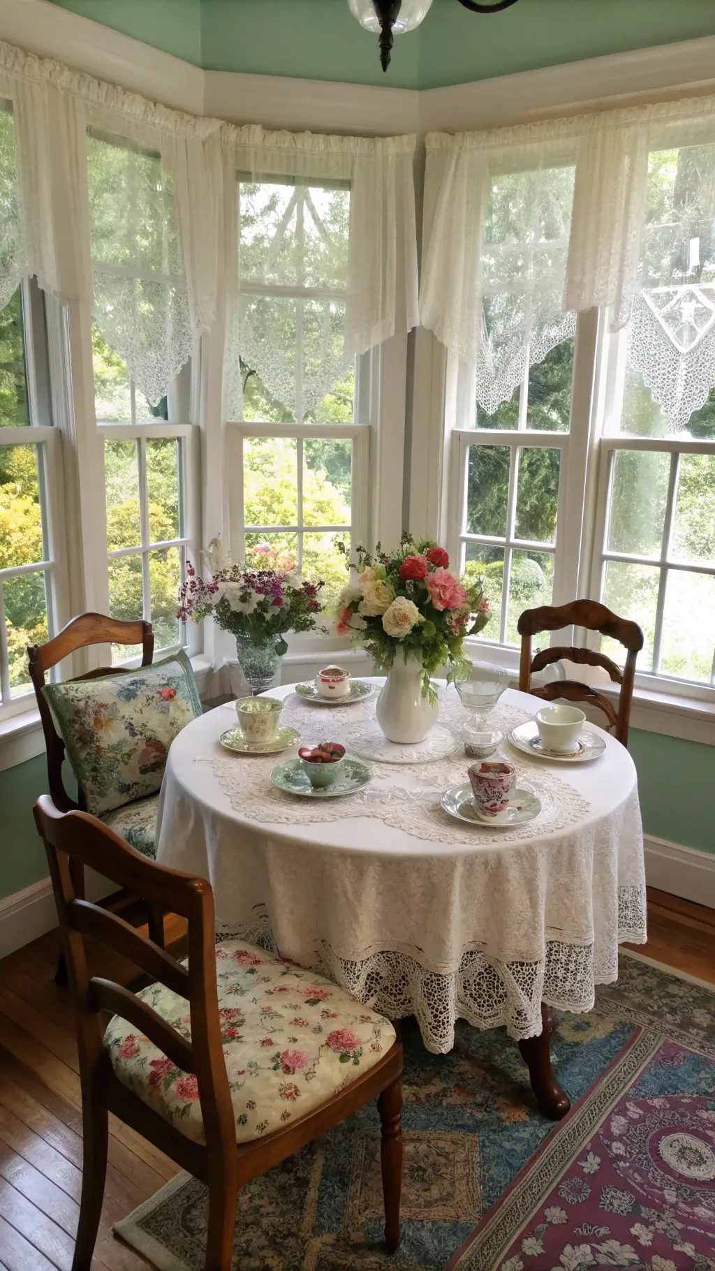Victorian-Era Breakfast Corner with Oak Table and Lace Accents