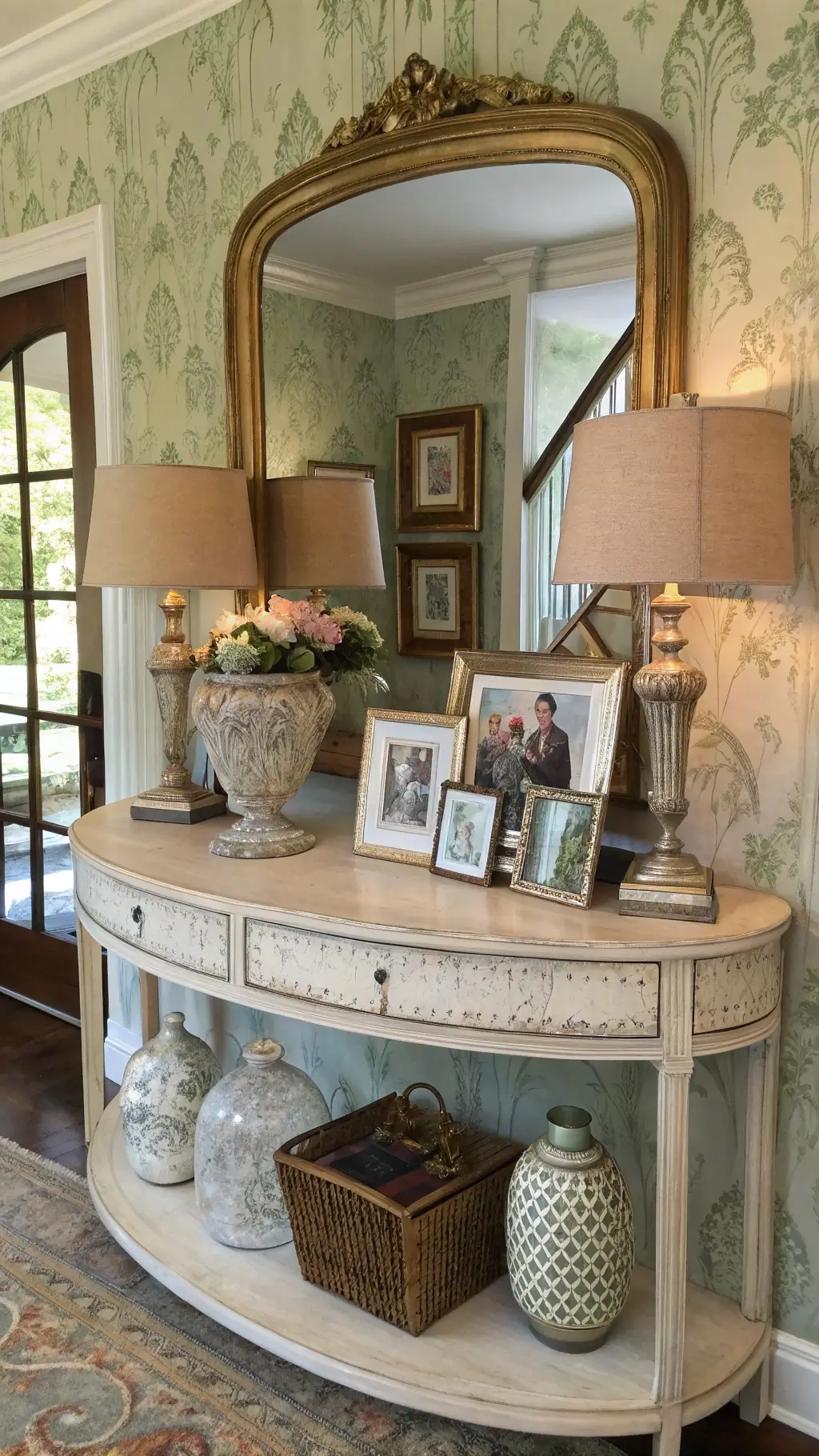 Welcoming Entryway with Distressed Console and Vintage Decor
