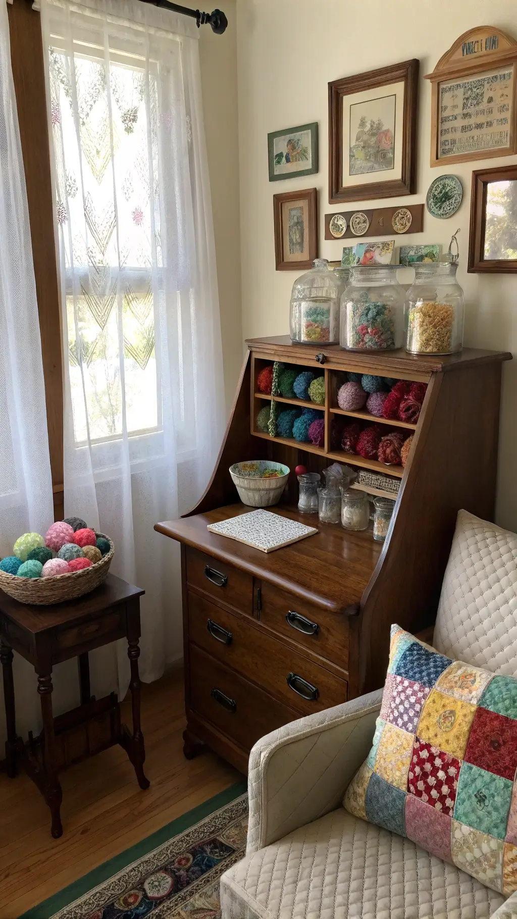 Cozy Crafting Corner with Vintage Sewing Supplies and Colorful Yarn