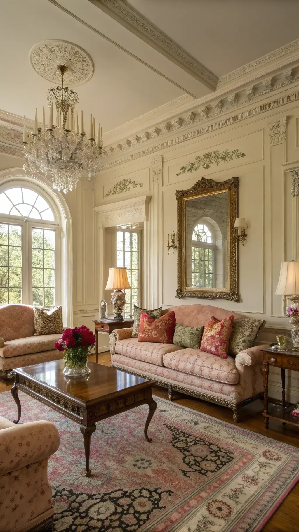 Vintage Living Room with Dusty Rose and Brass Accents