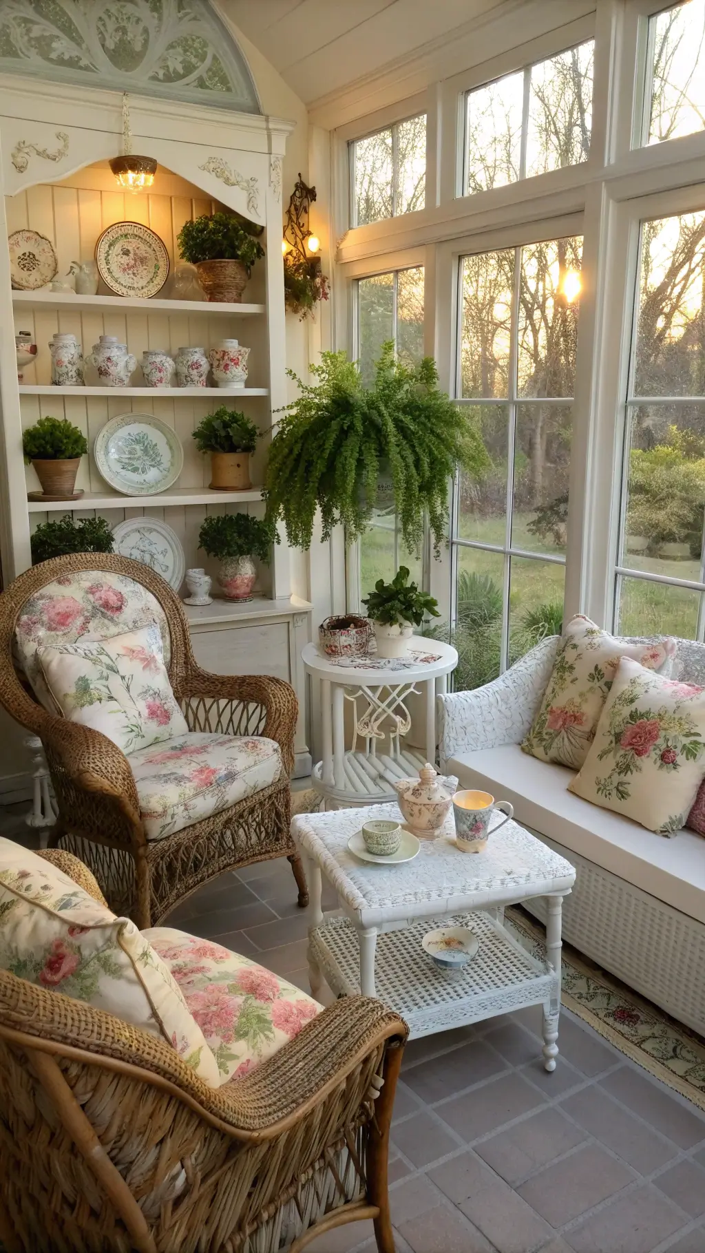 Sunlit Vintage Sunroom with Wicker and Antique Shelves