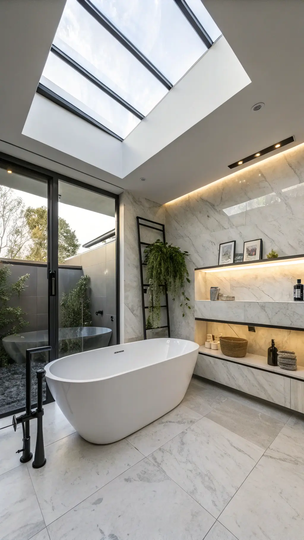 Modern bathroom with white freestanding tub, marble-effect tiles, floating shelves, frameless glass shower, concrete accent wall, and matte black fixtures.