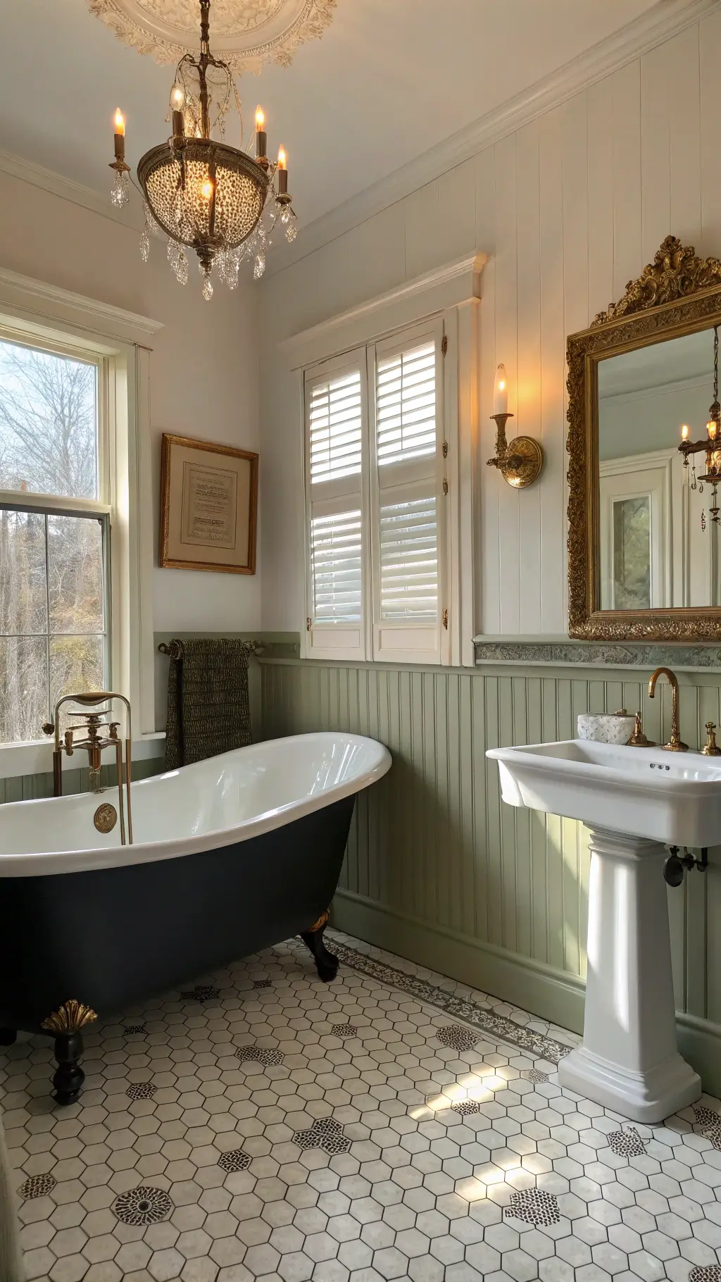 Vintage-inspired bathroom with sage green beadboard wainscoting, hexagonal floor tiles, black clawfoot tub with brass feet, plantation shutters, and antique chandelier.