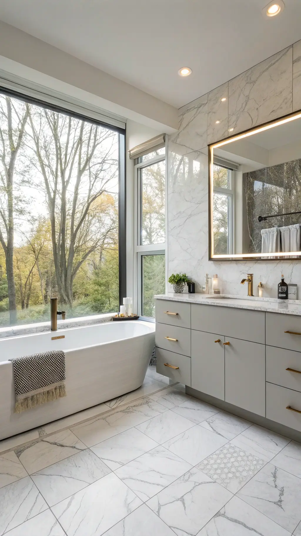 Bright contemporary bathroom with marble-surrounded alcove tub, large window, white porcelain tiles, floating vanity, waterfall quartz countertop, backlit oval mirror, and minimal brass accessories.