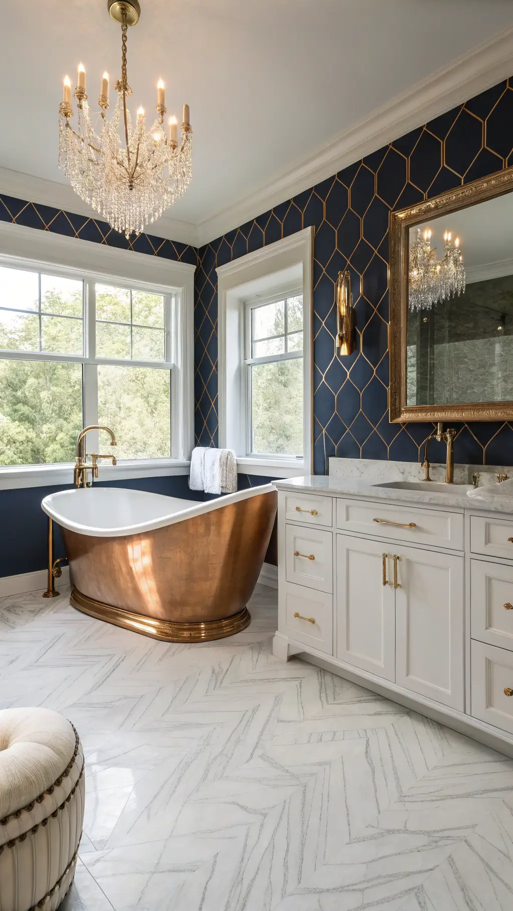 Luxurious bathroom with copper freestanding tub, herringbone marble flooring, navy accent wall with gold wallpaper, crystal chandelier, custom white storage, oversized mirror, and plush cream velvet ottoman.